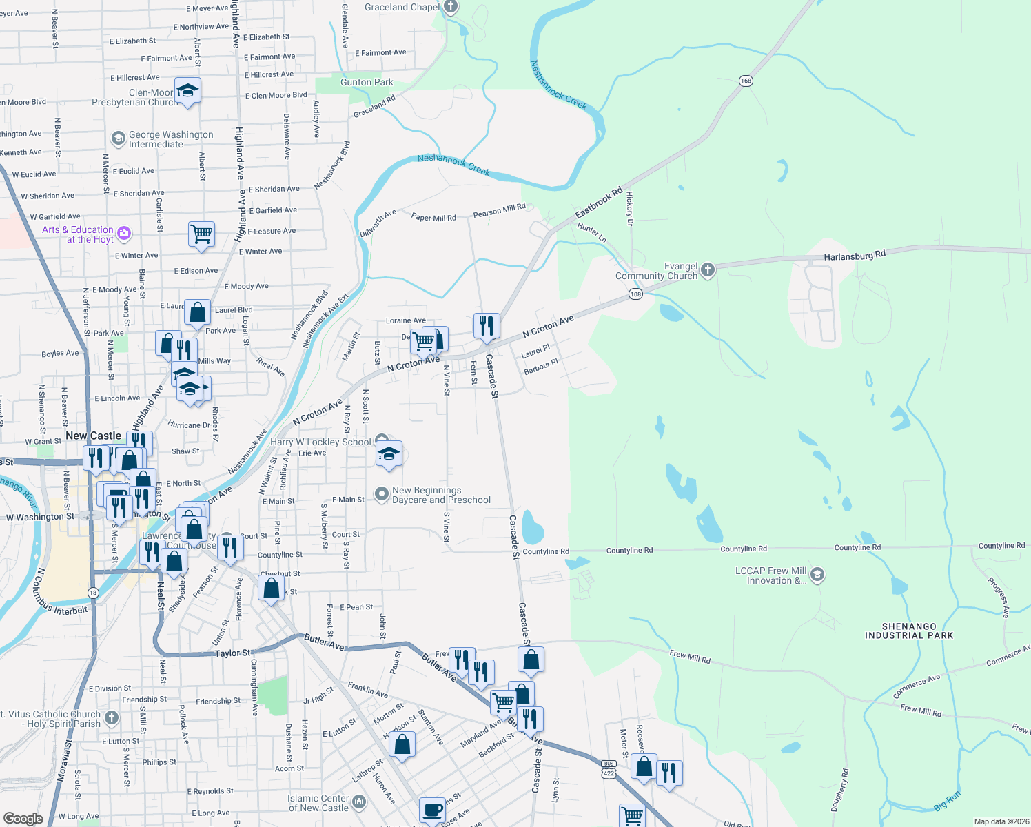 map of restaurants, bars, coffee shops, grocery stores, and more near 320 Cascade Street in New Castle