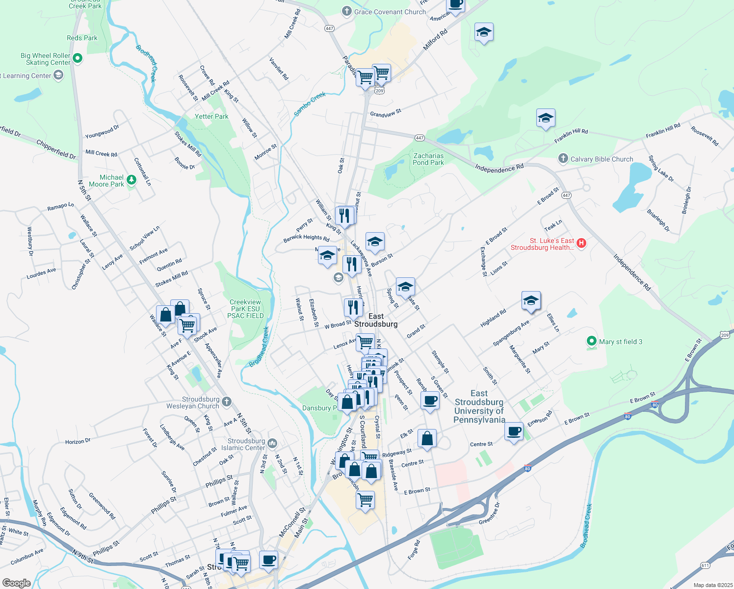 map of restaurants, bars, coffee shops, grocery stores, and more near 173 Meyers Street in East Stroudsburg