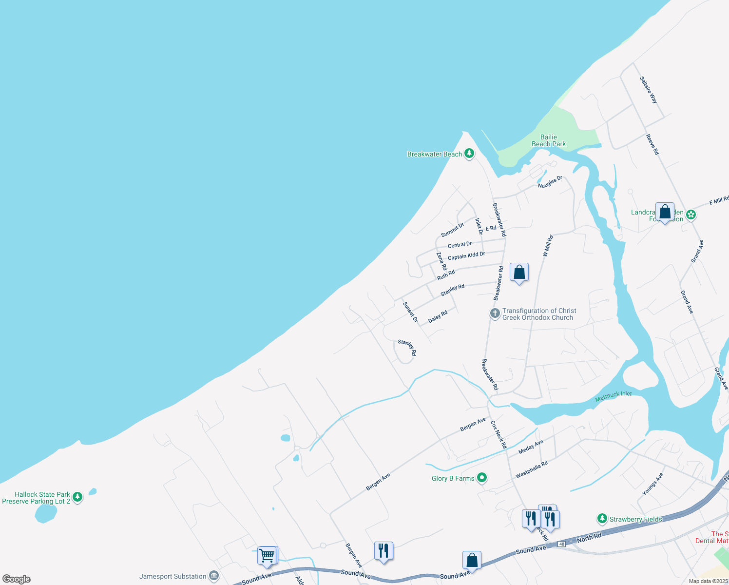 map of restaurants, bars, coffee shops, grocery stores, and more near 3502 Private Road in Mattituck