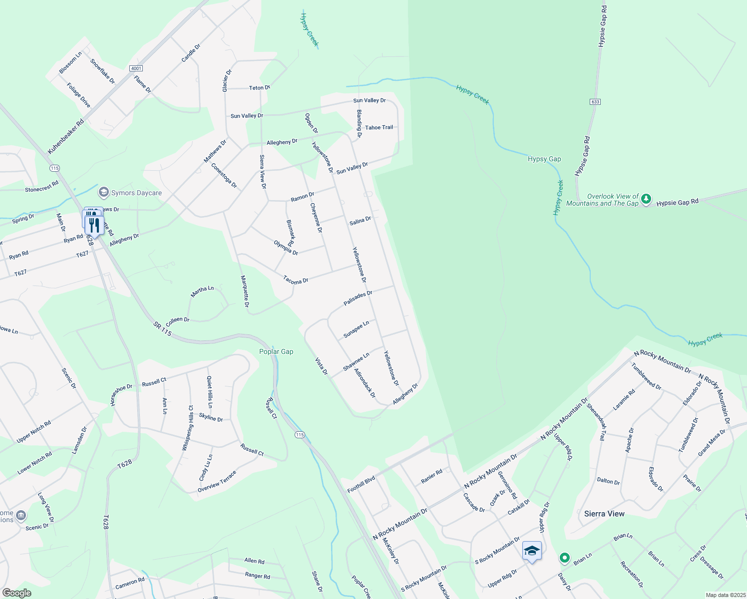 map of restaurants, bars, coffee shops, grocery stores, and more near 2642 Yellowstone Drive in Blakeslee