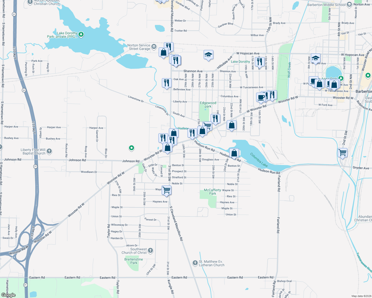 map of restaurants, bars, coffee shops, grocery stores, and more near 1316 Valley Ave in Barberton