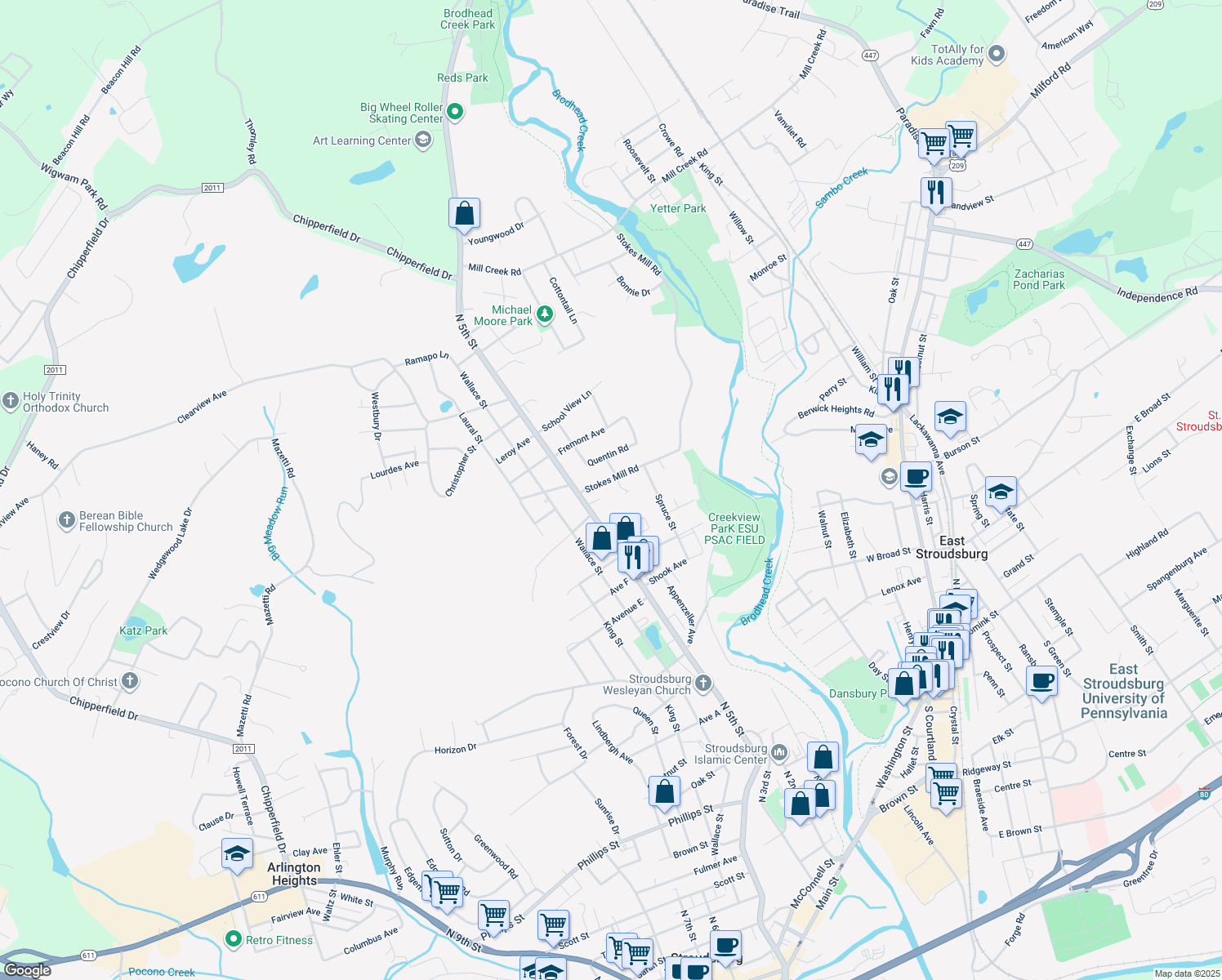 map of restaurants, bars, coffee shops, grocery stores, and more near 449 Stokes Mill Road in Stroudsburg