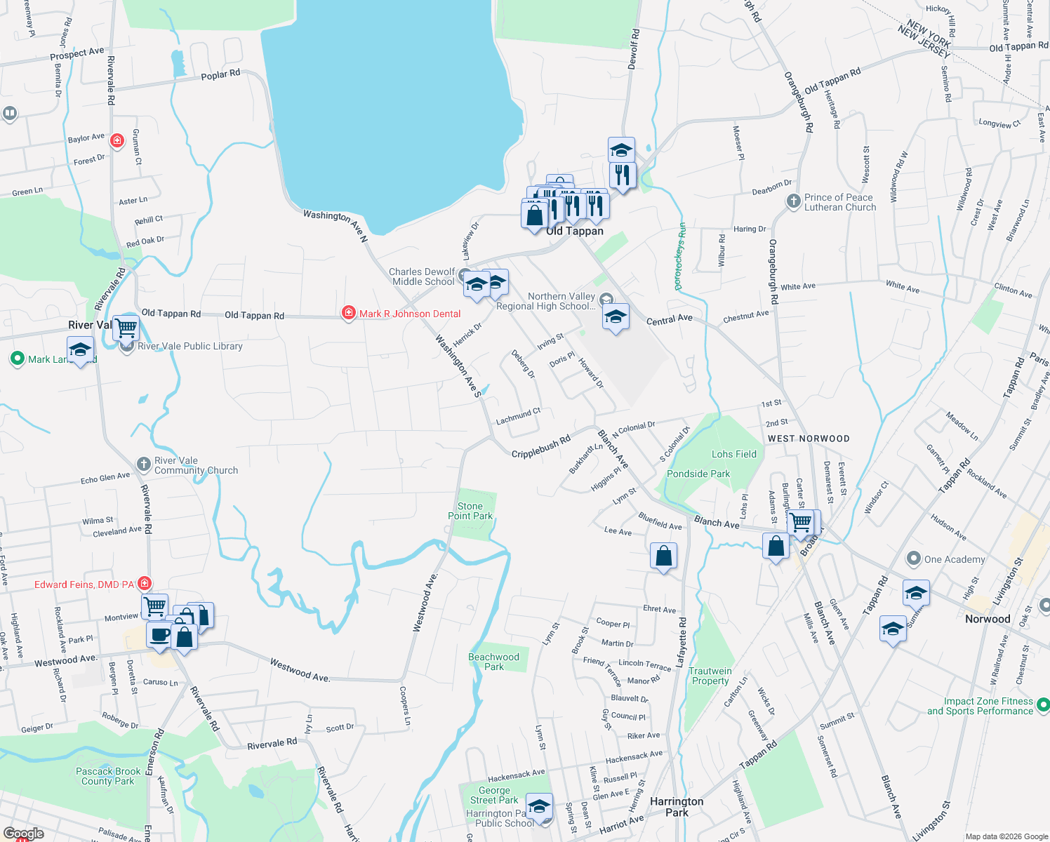 map of restaurants, bars, coffee shops, grocery stores, and more near 10 Lachmund Court in Old Tappan