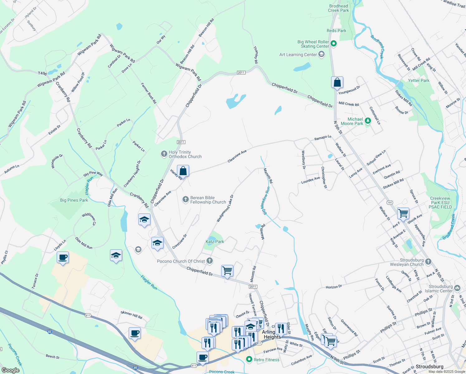 map of restaurants, bars, coffee shops, grocery stores, and more near 784 Wedgewood Lake Dr in Stroudsburg