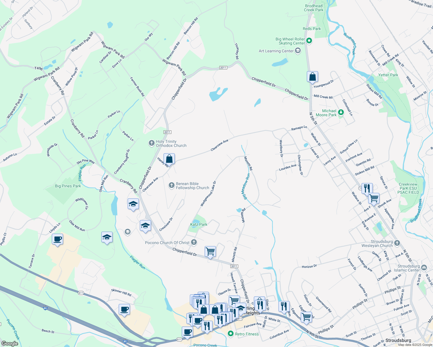 map of restaurants, bars, coffee shops, grocery stores, and more near 784 Wedgewood Lake Dr in Stroudsburg