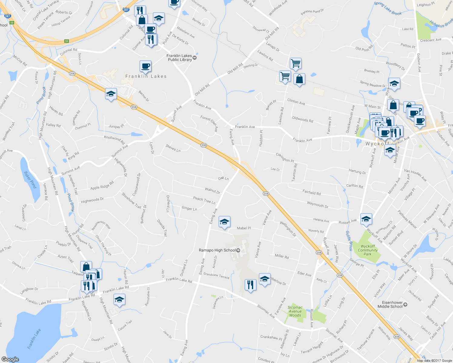 map of restaurants, bars, coffee shops, grocery stores, and more near 700 Oak Ln in Franklin Lakes