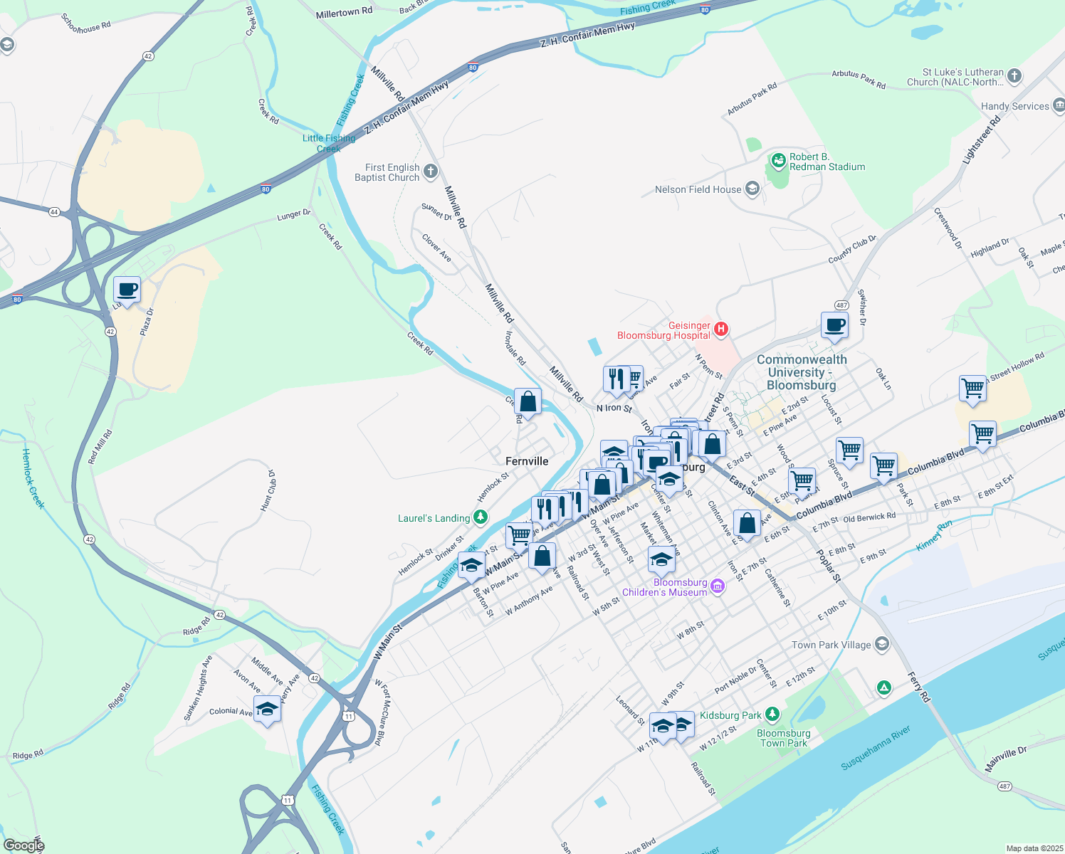 map of restaurants, bars, coffee shops, grocery stores, and more near 24 William St in Bloomsburg