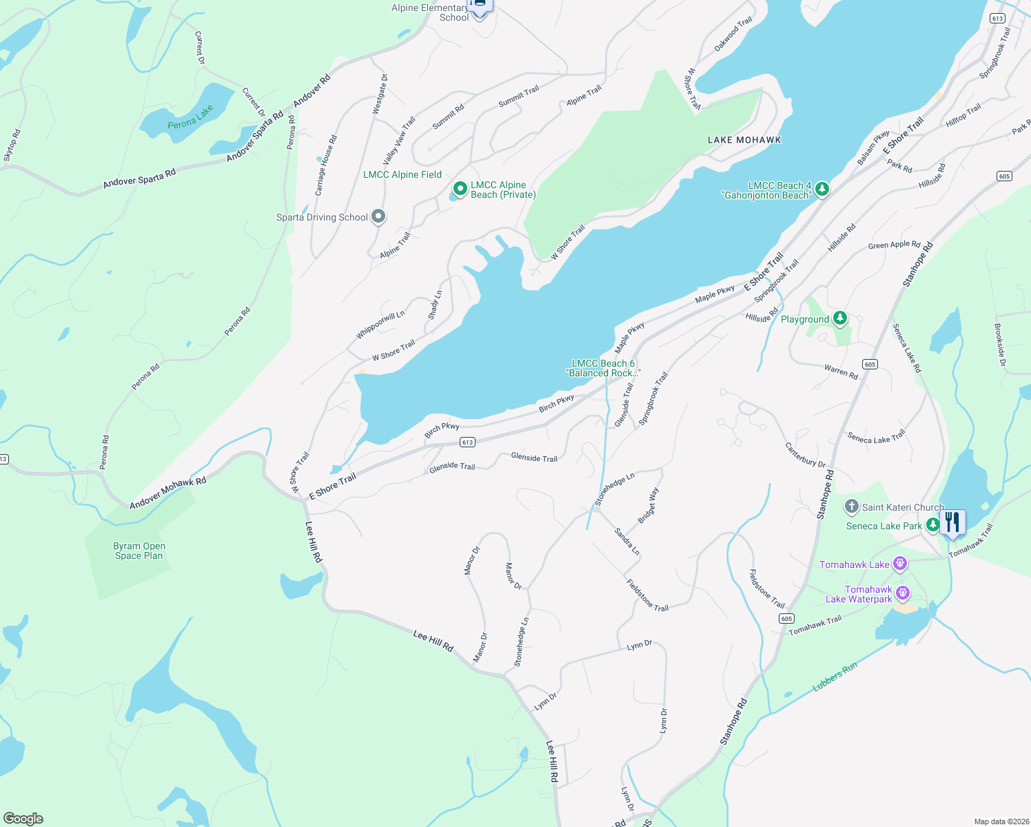 map of restaurants, bars, coffee shops, grocery stores, and more near 42 Birch Pkwy in Sparta