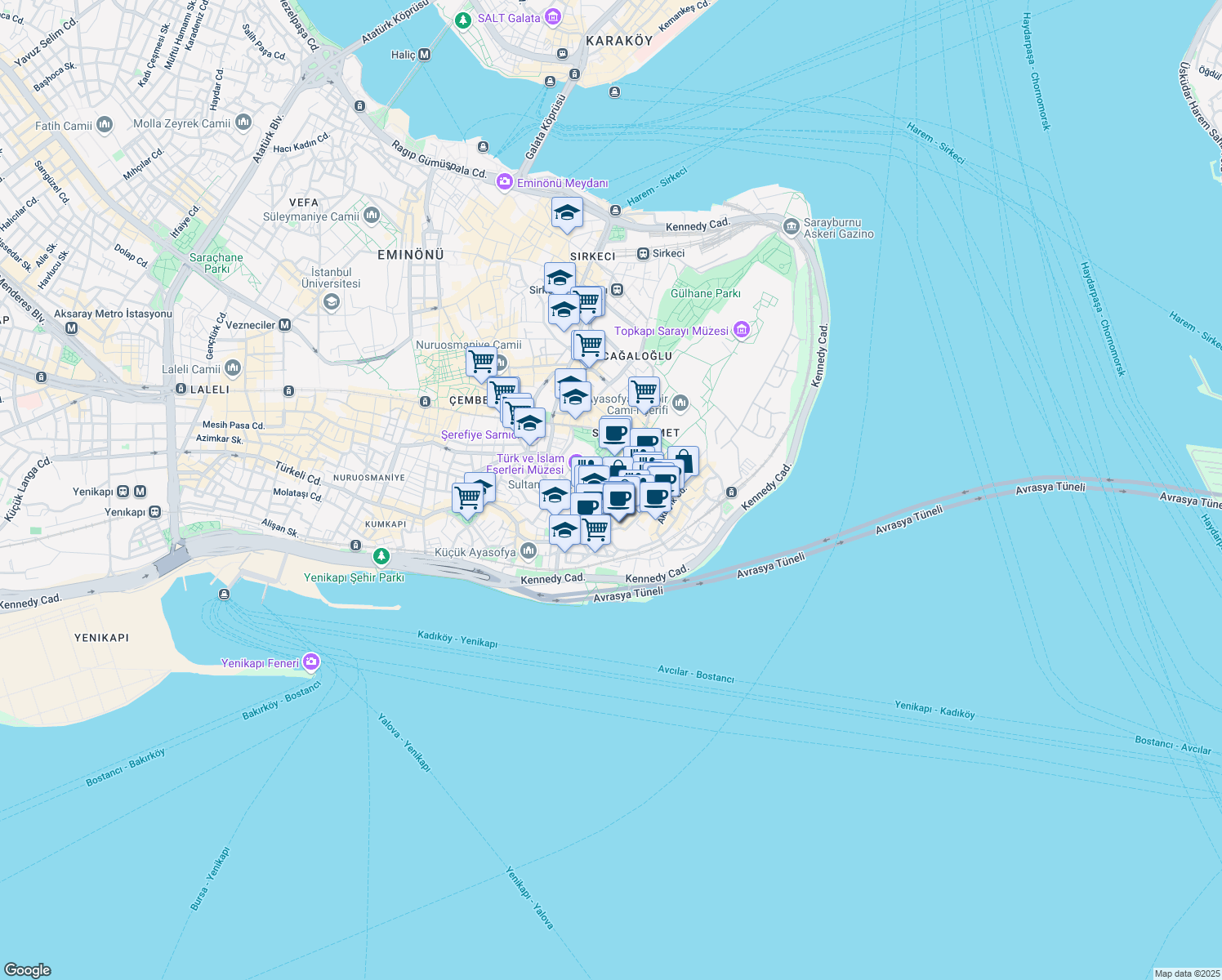 map of restaurants, bars, coffee shops, grocery stores, and more near 7 Atmeydanı Caddesi in Fatih