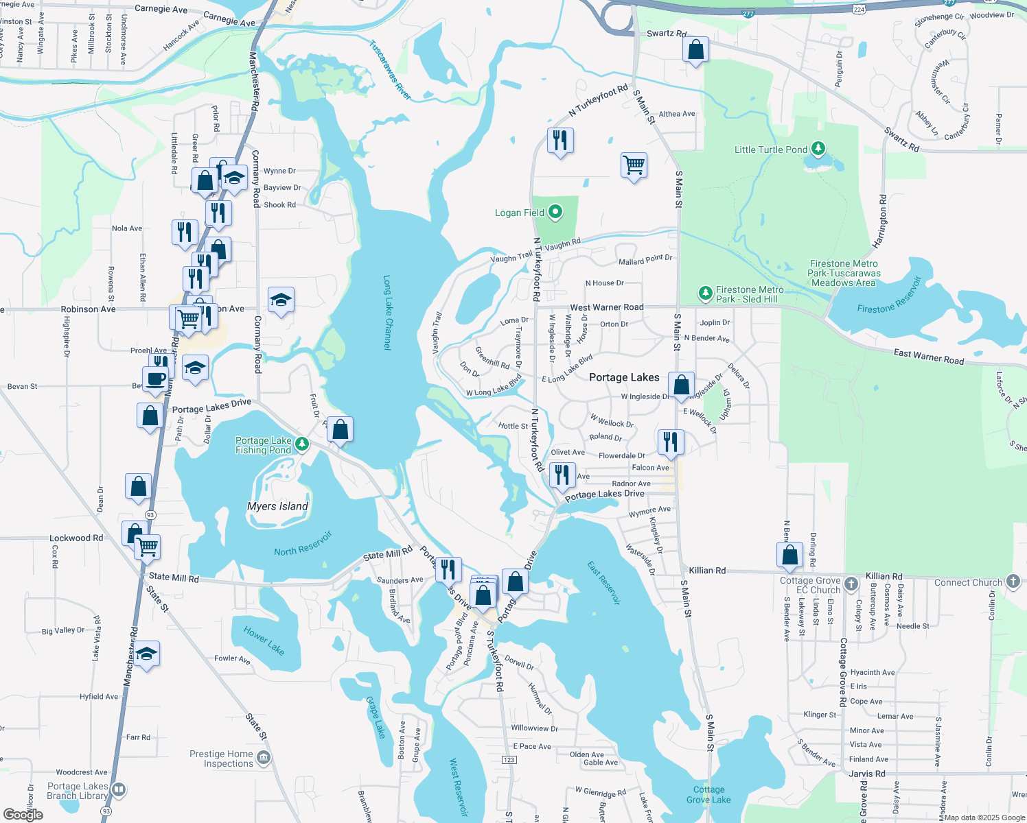 map of restaurants, bars, coffee shops, grocery stores, and more near 288 Hohman Ave in Akron