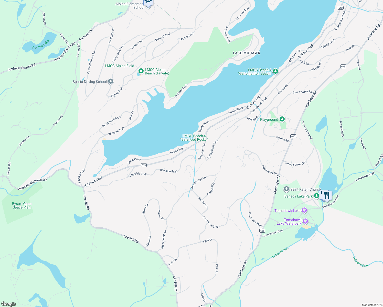 map of restaurants, bars, coffee shops, grocery stores, and more near 56 Glenside Trail in Sparta Township