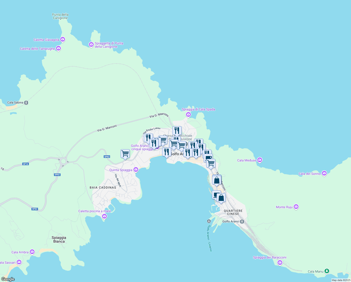 map of restaurants, bars, coffee shops, grocery stores, and more near Via Grazia Deledda in Golfo Aranci