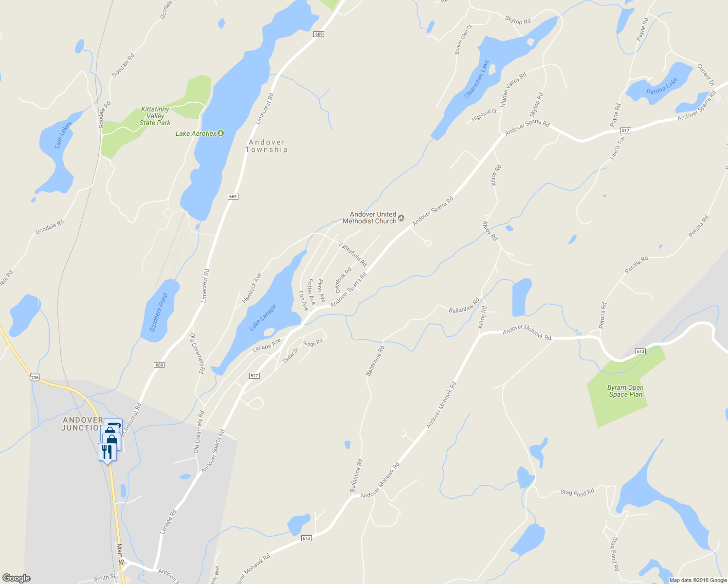 map of restaurants, bars, coffee shops, grocery stores, and more near 184 Andover Sparta Road in Newton