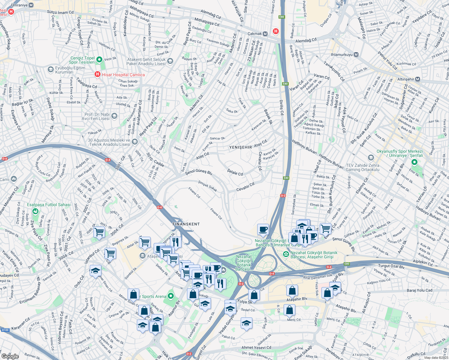map of restaurants, bars, coffee shops, grocery stores, and more near Şenol Güneş Bulvarı in Istanbul