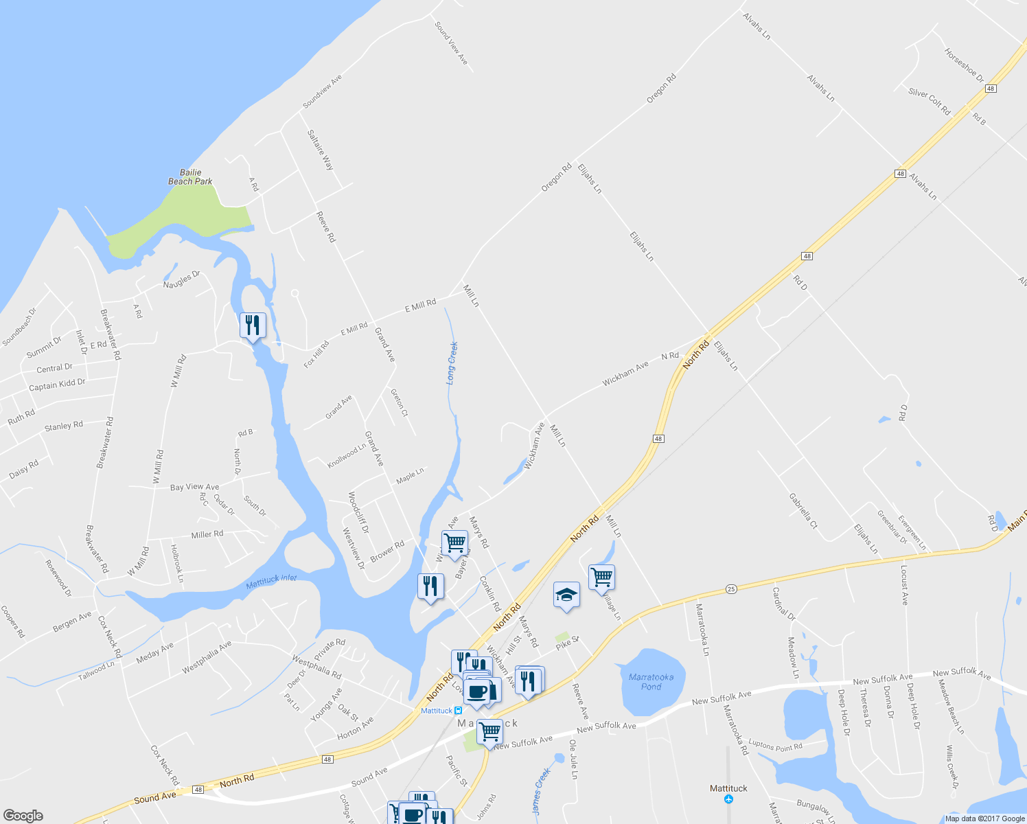 map of restaurants, bars, coffee shops, grocery stores, and more near 3965 Mill Lane in Mattituck