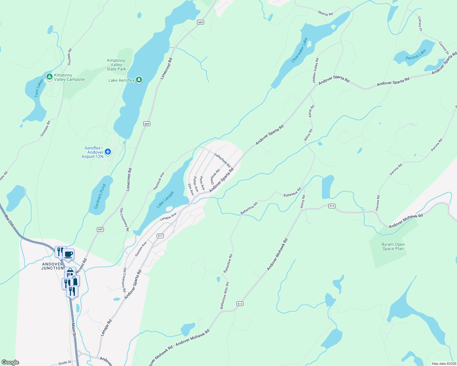 map of restaurants, bars, coffee shops, grocery stores, and more near 184 Andover Sparta Road in Newton