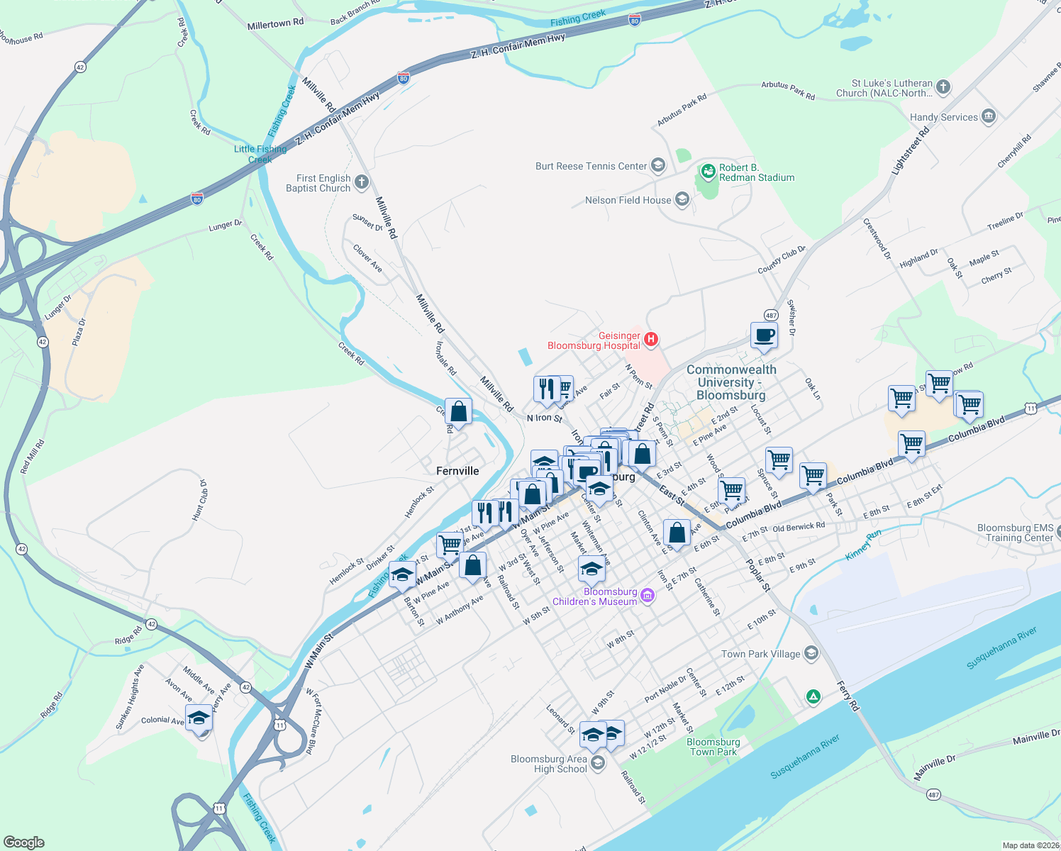 map of restaurants, bars, coffee shops, grocery stores, and more near 78 North Iron Street in Bloomsburg