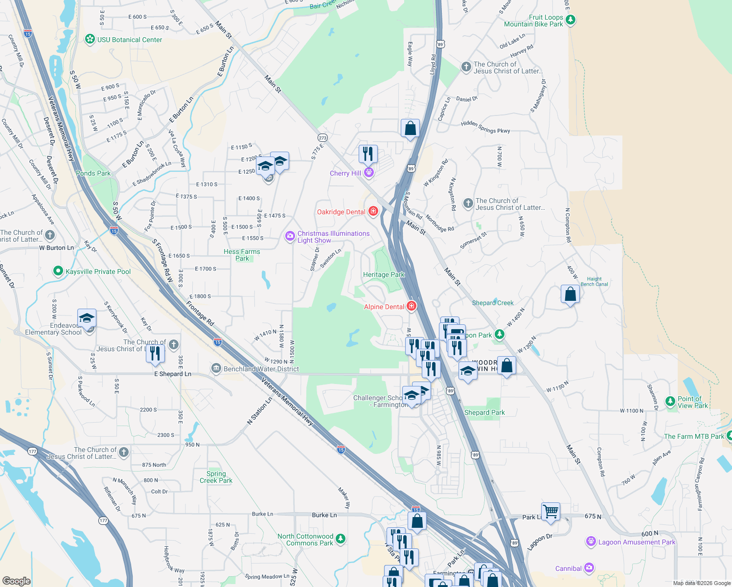 map of restaurants, bars, coffee shops, grocery stores, and more near 1563 Oakridge Park Drive in Farmington