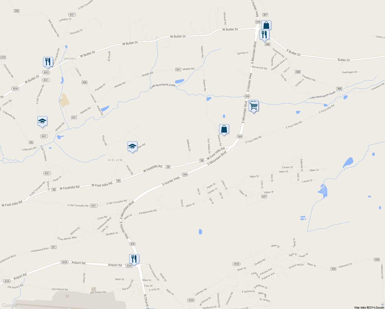map of restaurants, bars, coffee shops, grocery stores, and more near 17 Makara Drive in Drums
