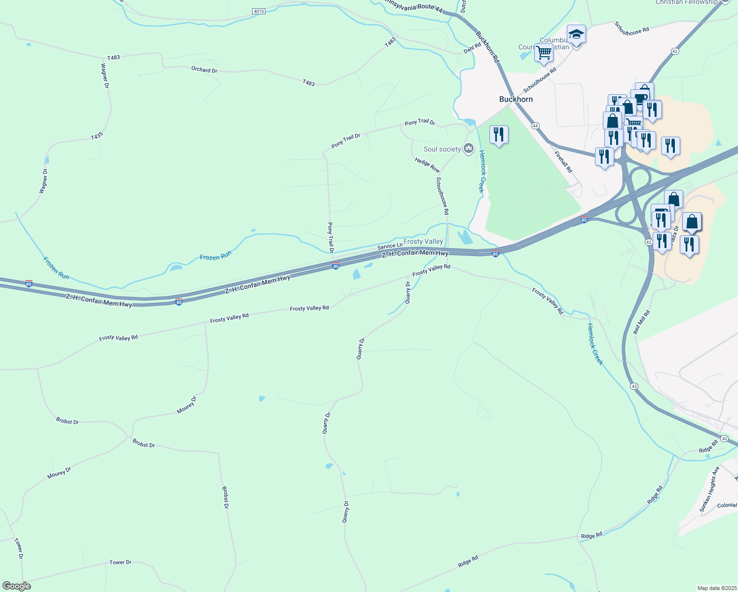 map of restaurants, bars, coffee shops, grocery stores, and more near 134 Frosty Valley Road in Bloomsburg