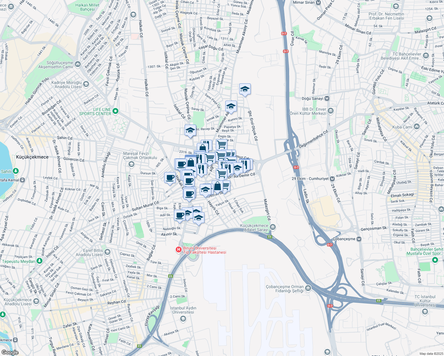 map of restaurants, bars, coffee shops, grocery stores, and more near Güneşli Sokak in Küçükçekmece