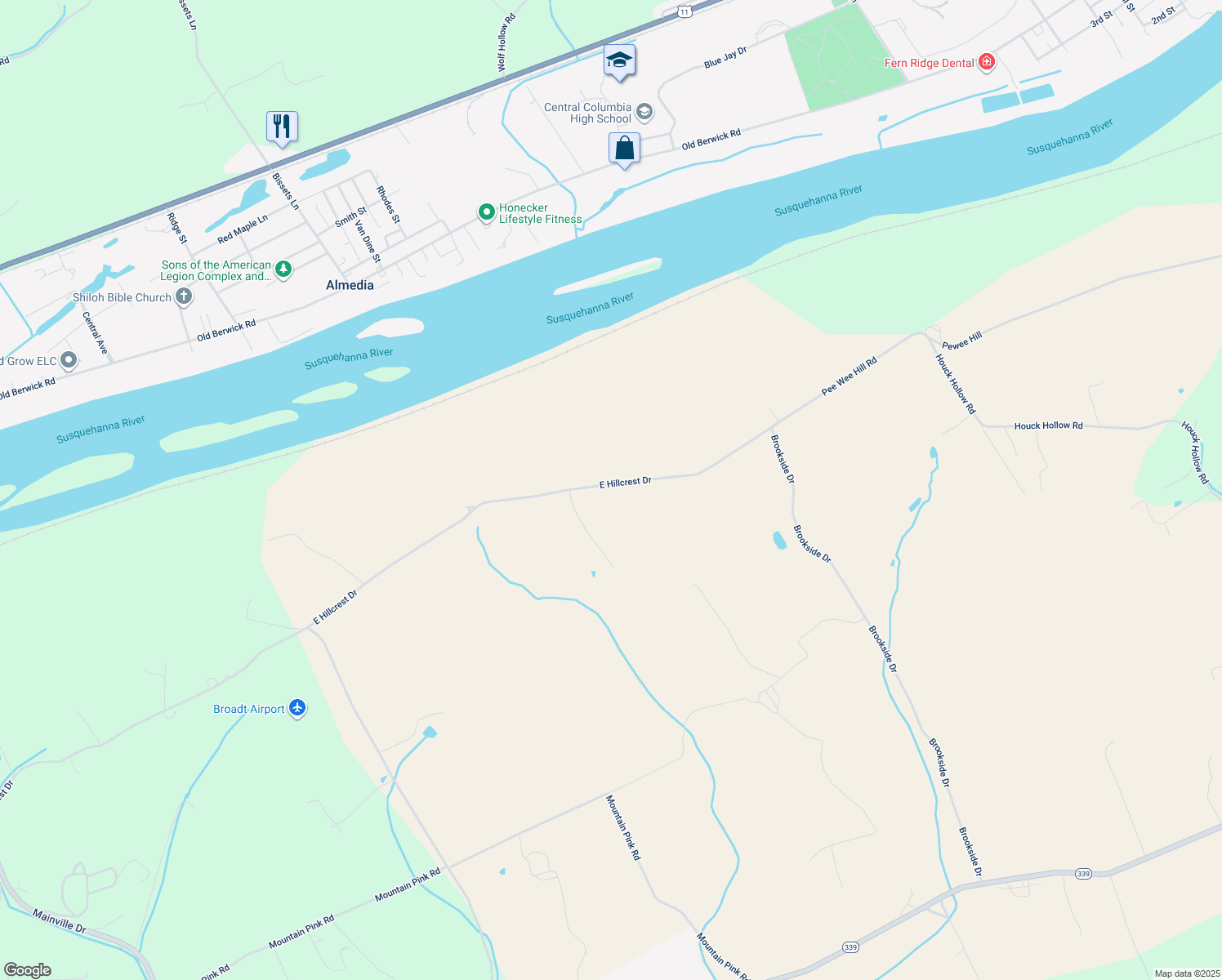 map of restaurants, bars, coffee shops, grocery stores, and more near 720 East Hillcrest Drive in Bloomsburg