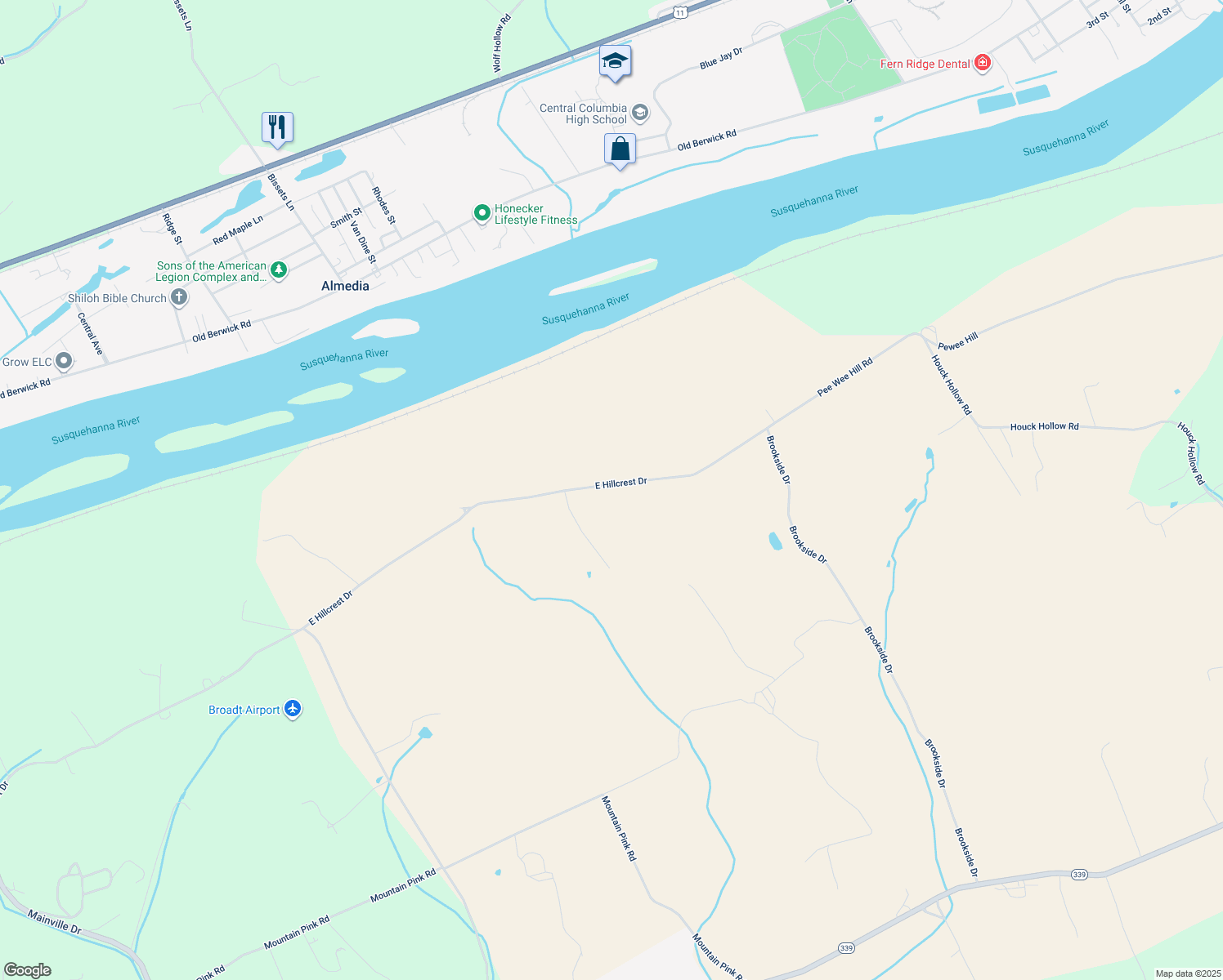 map of restaurants, bars, coffee shops, grocery stores, and more near 720 East Hillcrest Drive in Bloomsburg