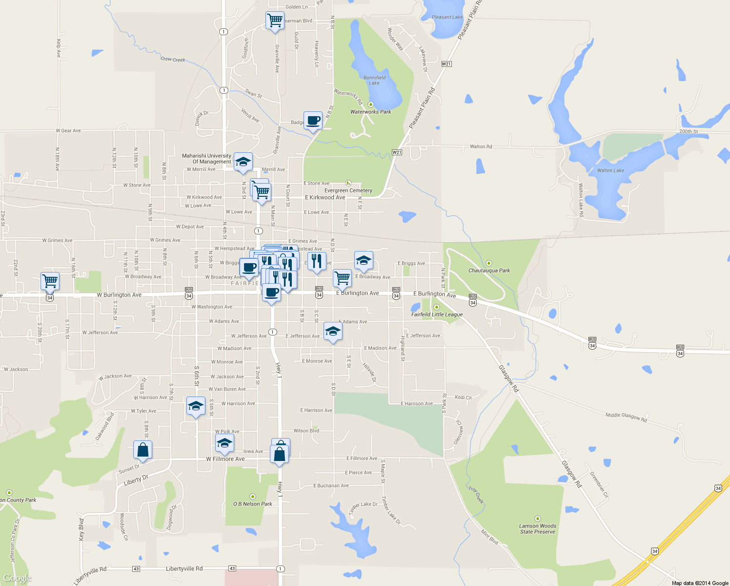map of restaurants, bars, coffee shops, grocery stores, and more near 731 East Burlington Avenue in Fairfield