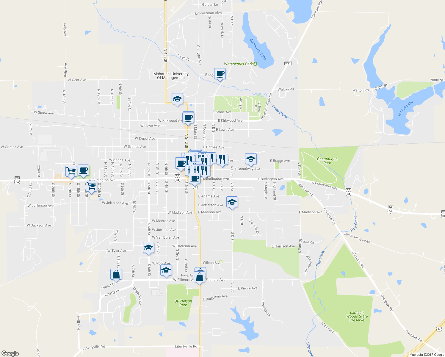 map of restaurants, bars, coffee shops, grocery stores, and more near 300 East Burlington Avenue in Fairfield