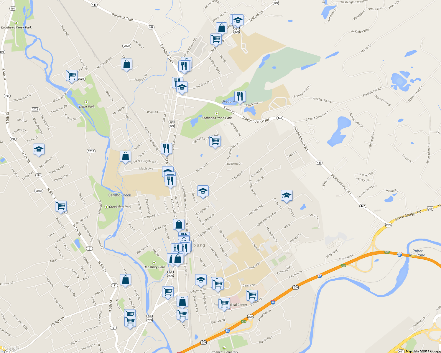 map of restaurants, bars, coffee shops, grocery stores, and more near Ruth Street in East Stroudsburg