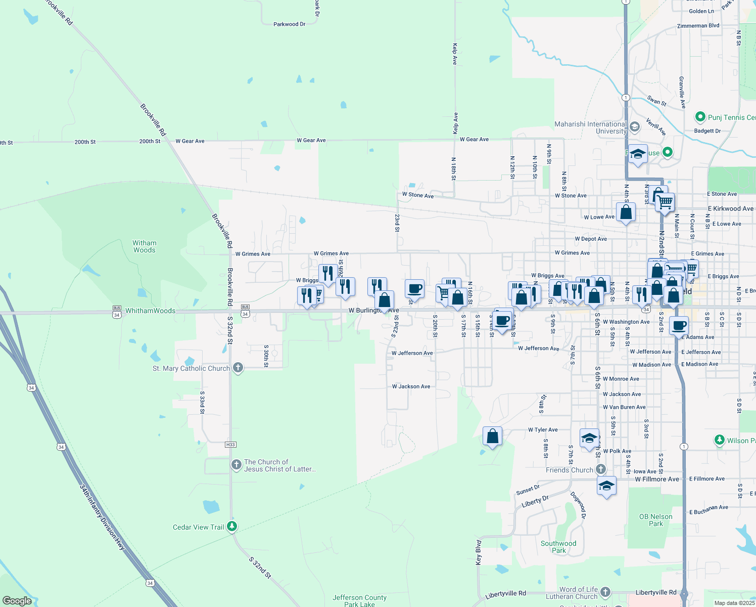 map of restaurants, bars, coffee shops, grocery stores, and more near 2119 West Burlington Avenue in Fairfield