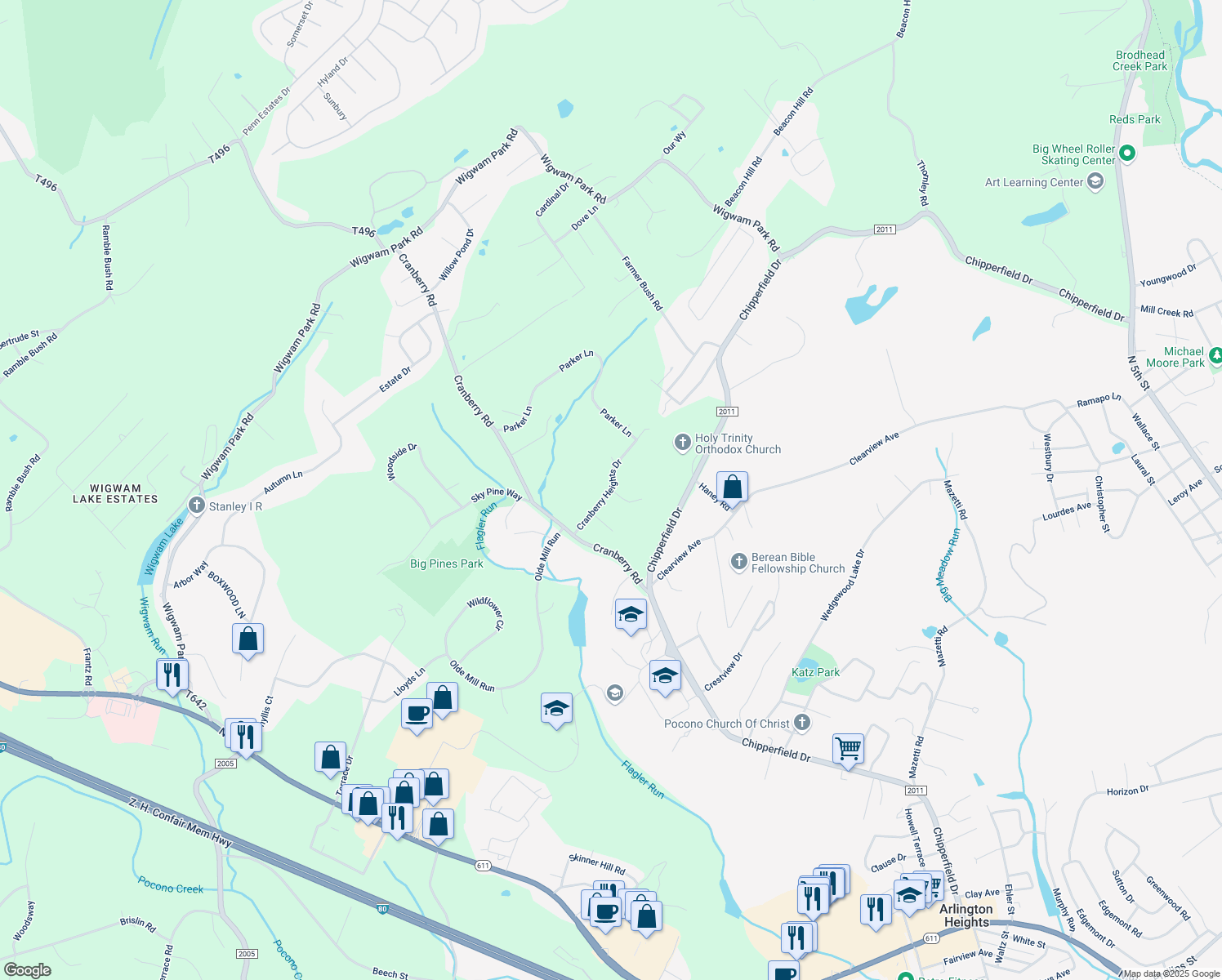 map of restaurants, bars, coffee shops, grocery stores, and more near Cranberry Heights Drive in Stroudsburg