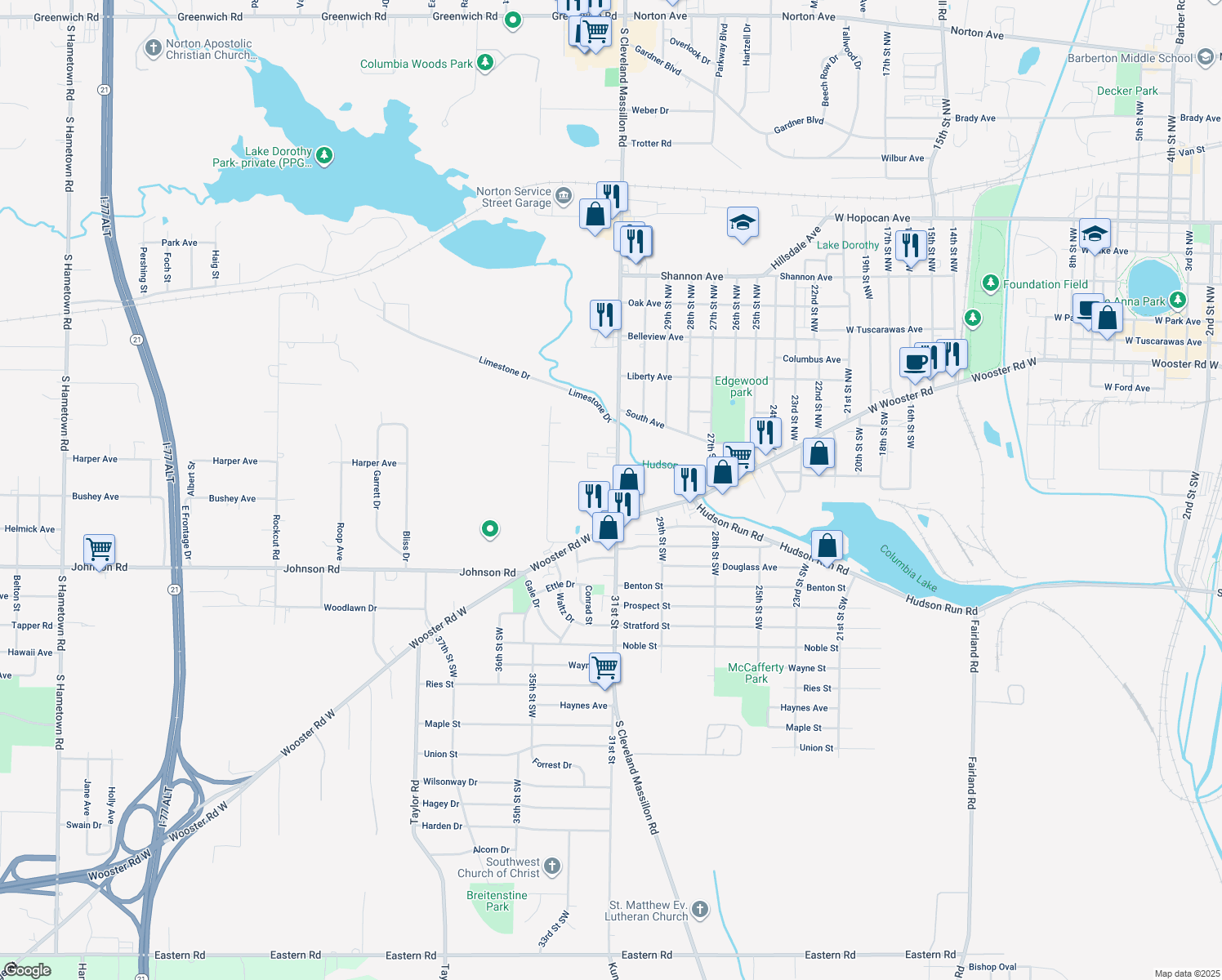map of restaurants, bars, coffee shops, grocery stores, and more near 44 31st Street Northwest in Barberton