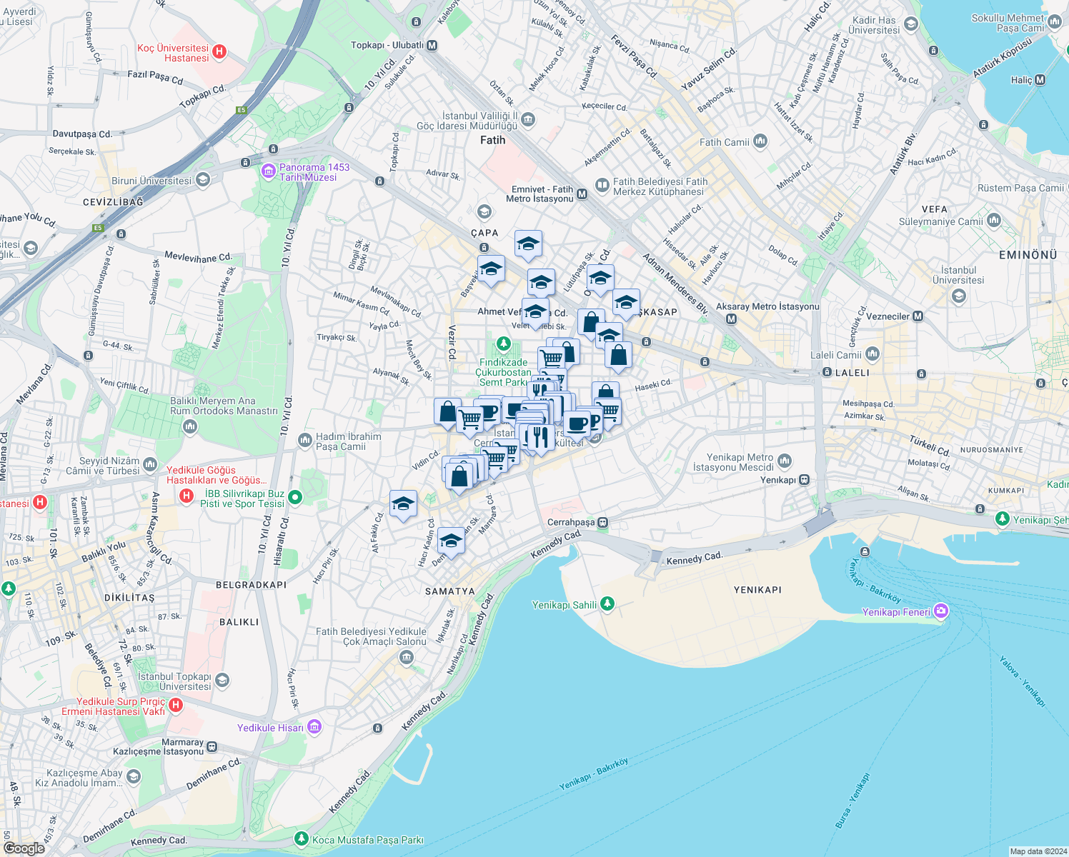 map of restaurants, bars, coffee shops, grocery stores, and more near 70 Kızılelma Caddesi in Fatih