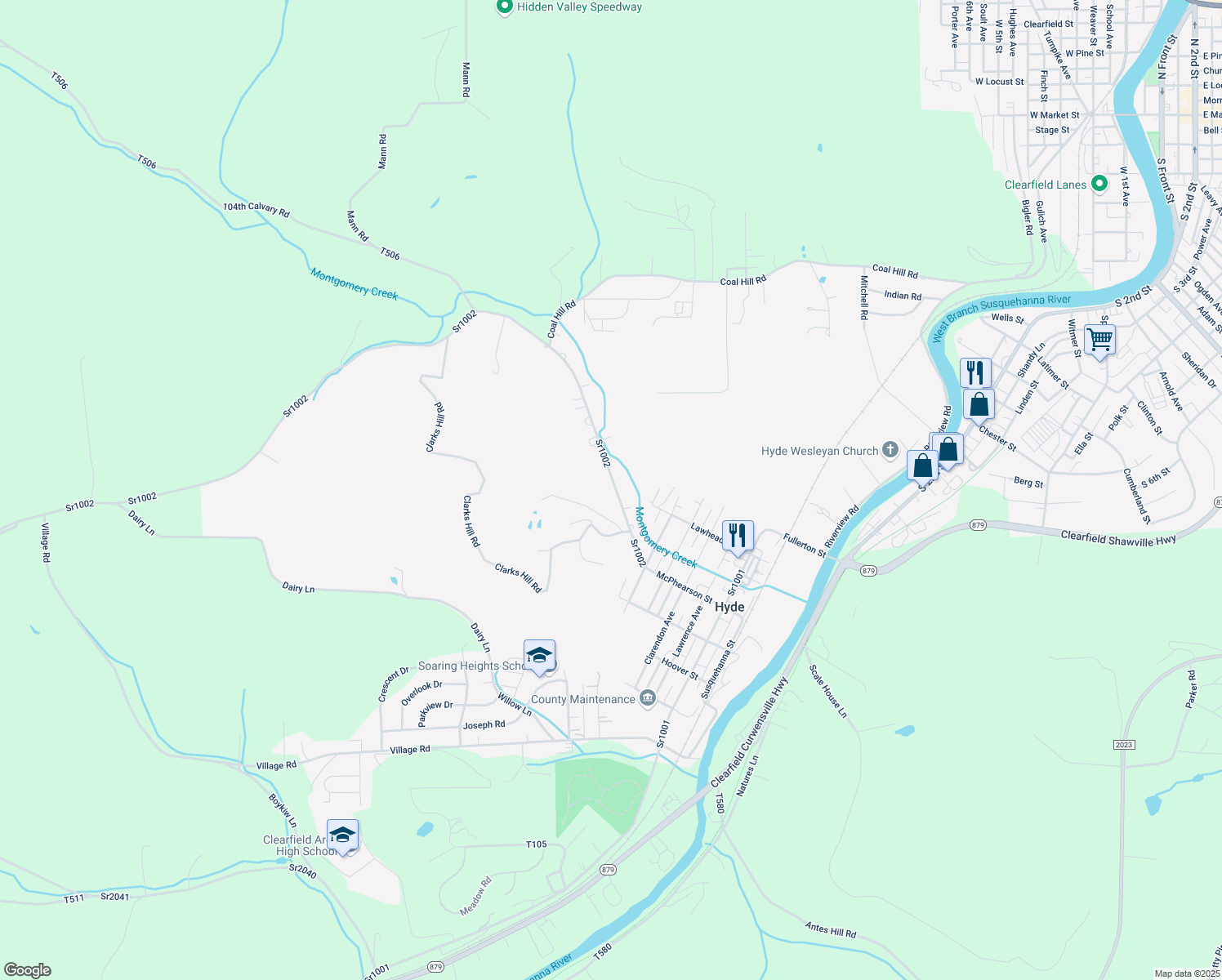 map of restaurants, bars, coffee shops, grocery stores, and more near 2584 Montgomery Run Road in Clearfield