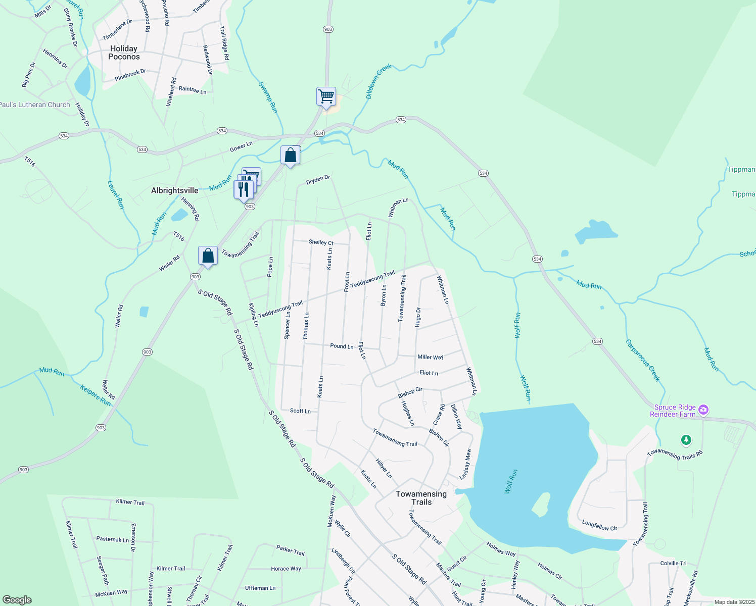 map of restaurants, bars, coffee shops, grocery stores, and more near 57 Byron Lane in Albrightsville