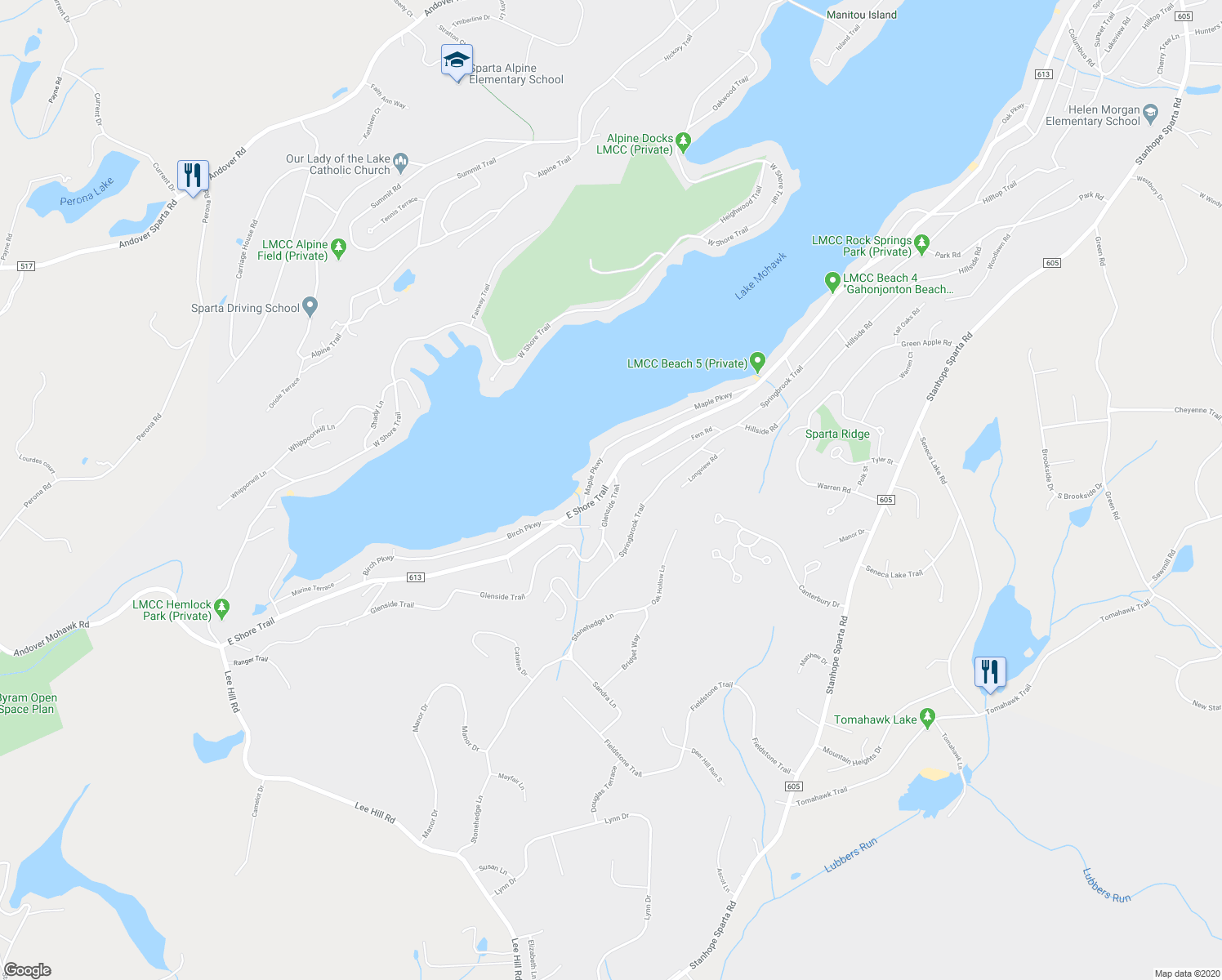 map of restaurants, bars, coffee shops, grocery stores, and more near 6 Glenside Trail in Sparta Township