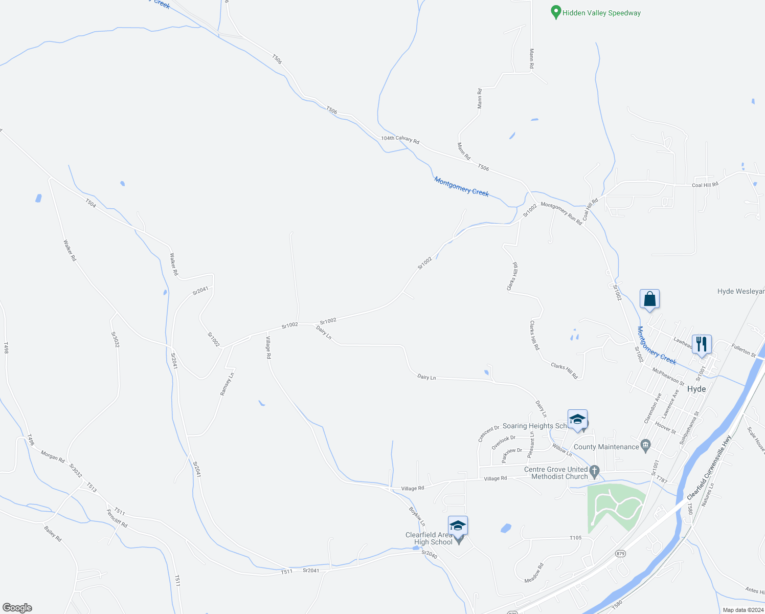 map of restaurants, bars, coffee shops, grocery stores, and more near Carrs Hill in Clearfield County