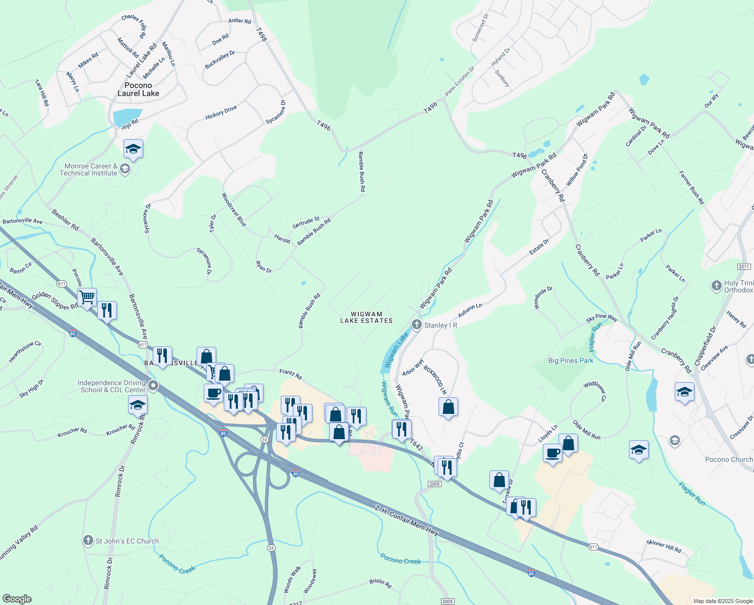map of restaurants, bars, coffee shops, grocery stores, and more near 2633 Woodruff Lane in Stroudsburg