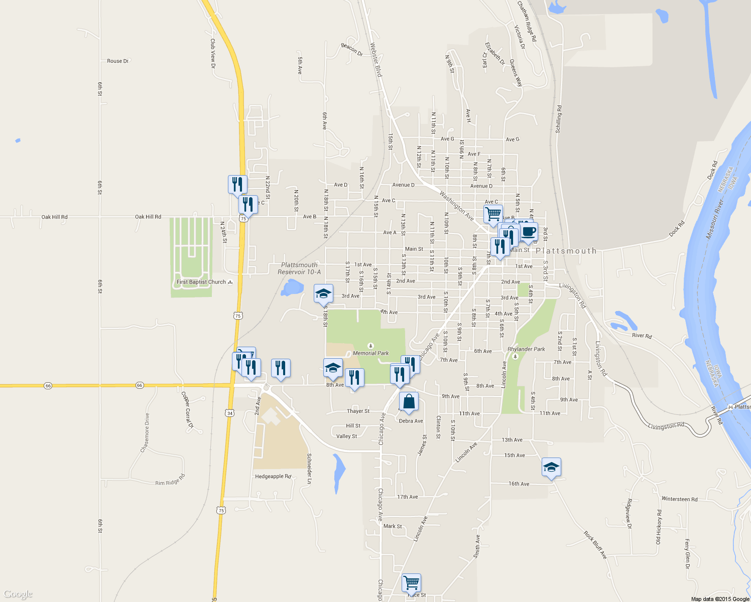 map of restaurants, bars, coffee shops, grocery stores, and more near in Plattsmouth
