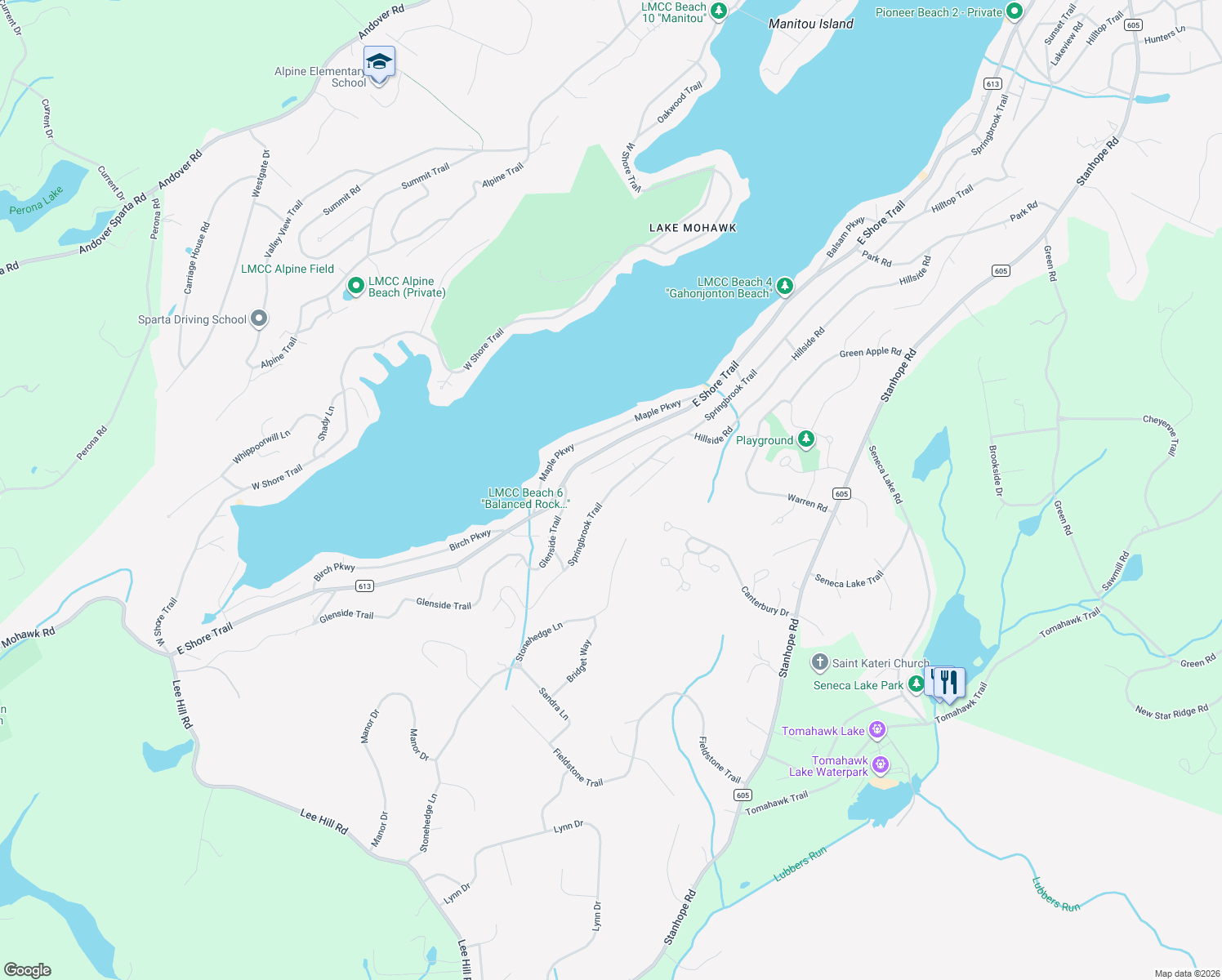 map of restaurants, bars, coffee shops, grocery stores, and more near 326 Springbrook Trail in Sparta