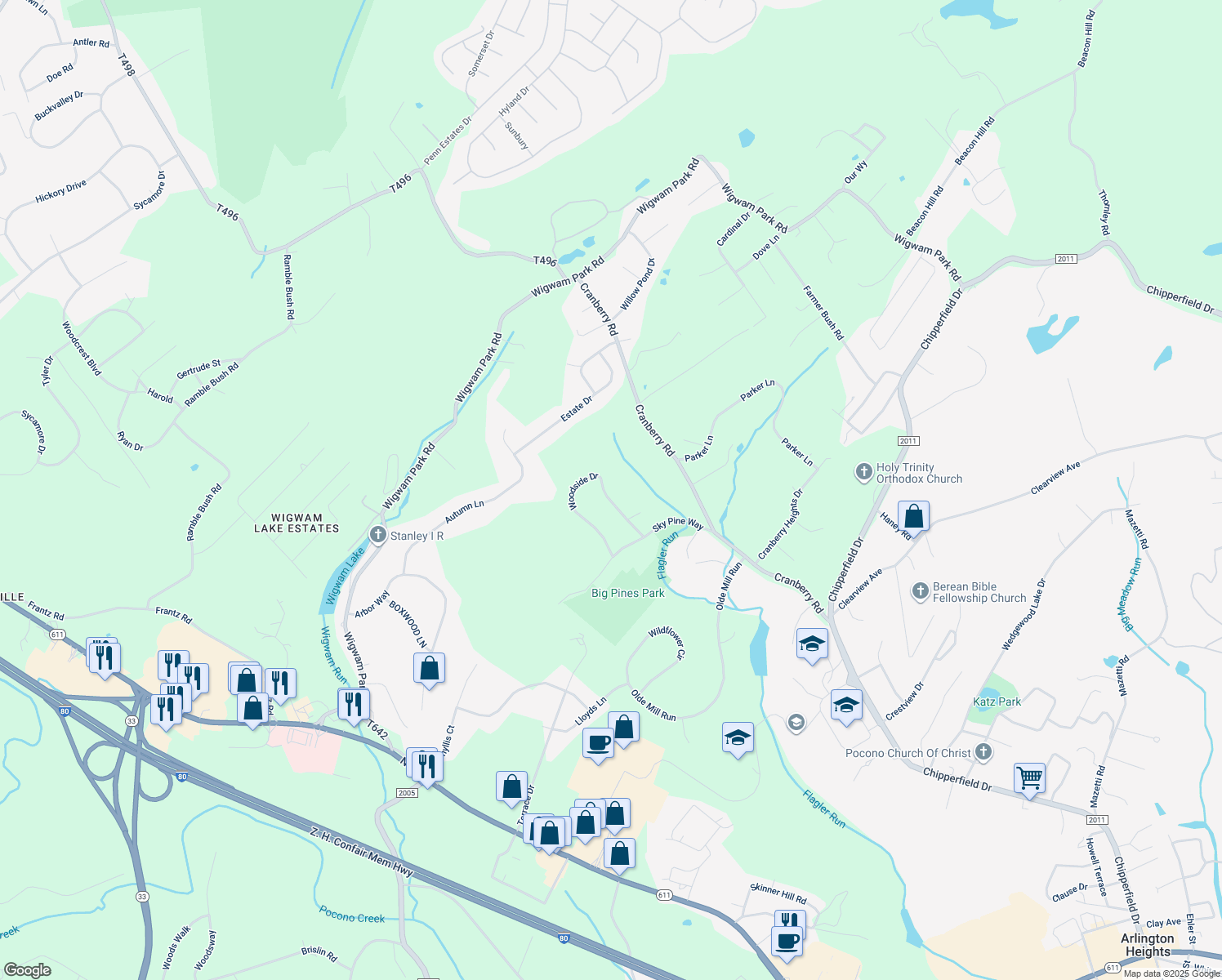 map of restaurants, bars, coffee shops, grocery stores, and more near 4432 Woodside Drive in East Stroudsburg