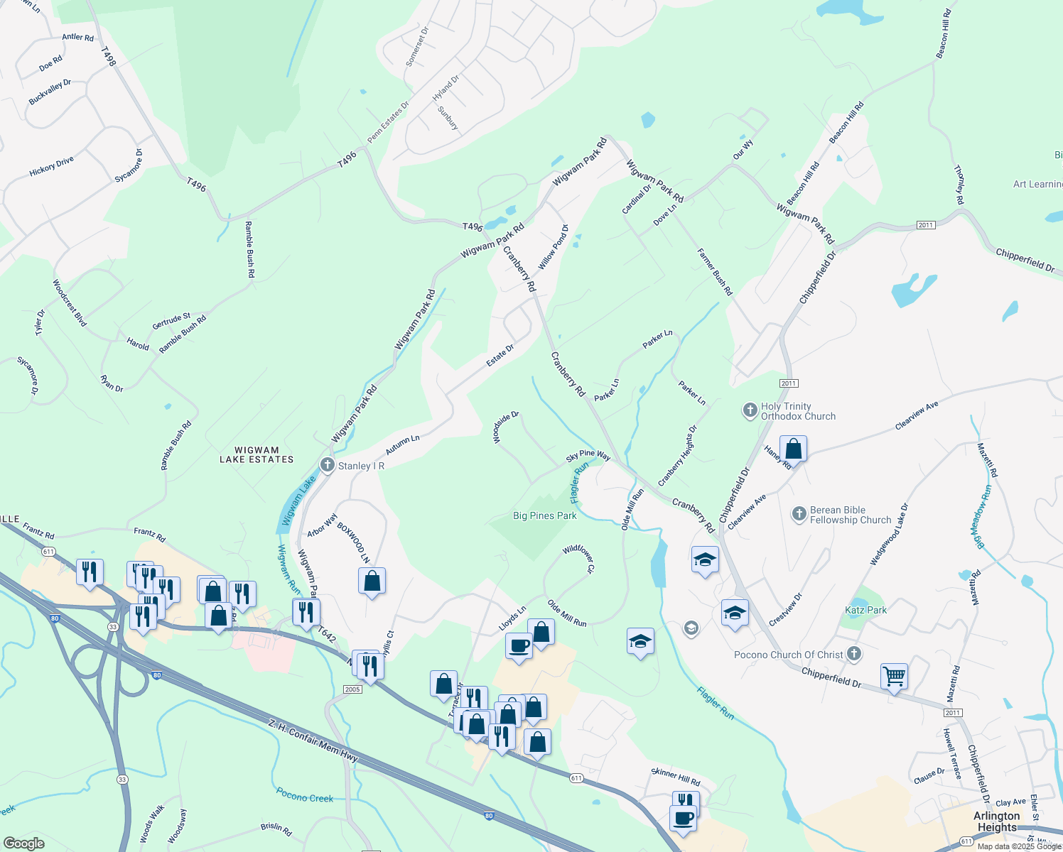 map of restaurants, bars, coffee shops, grocery stores, and more near 4432 Woodside Drive in East Stroudsburg