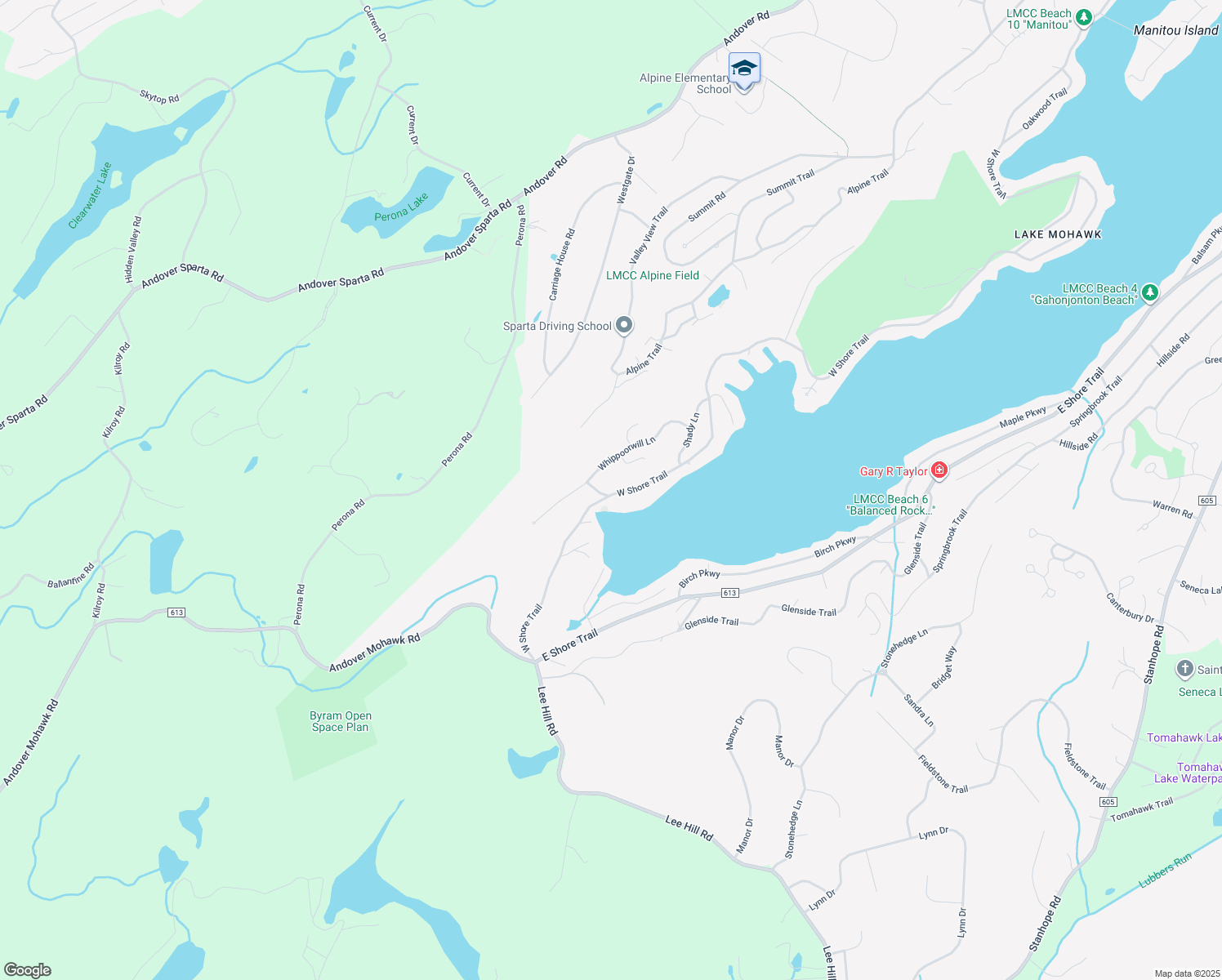 map of restaurants, bars, coffee shops, grocery stores, and more near 725 West Shore Trail in Sparta