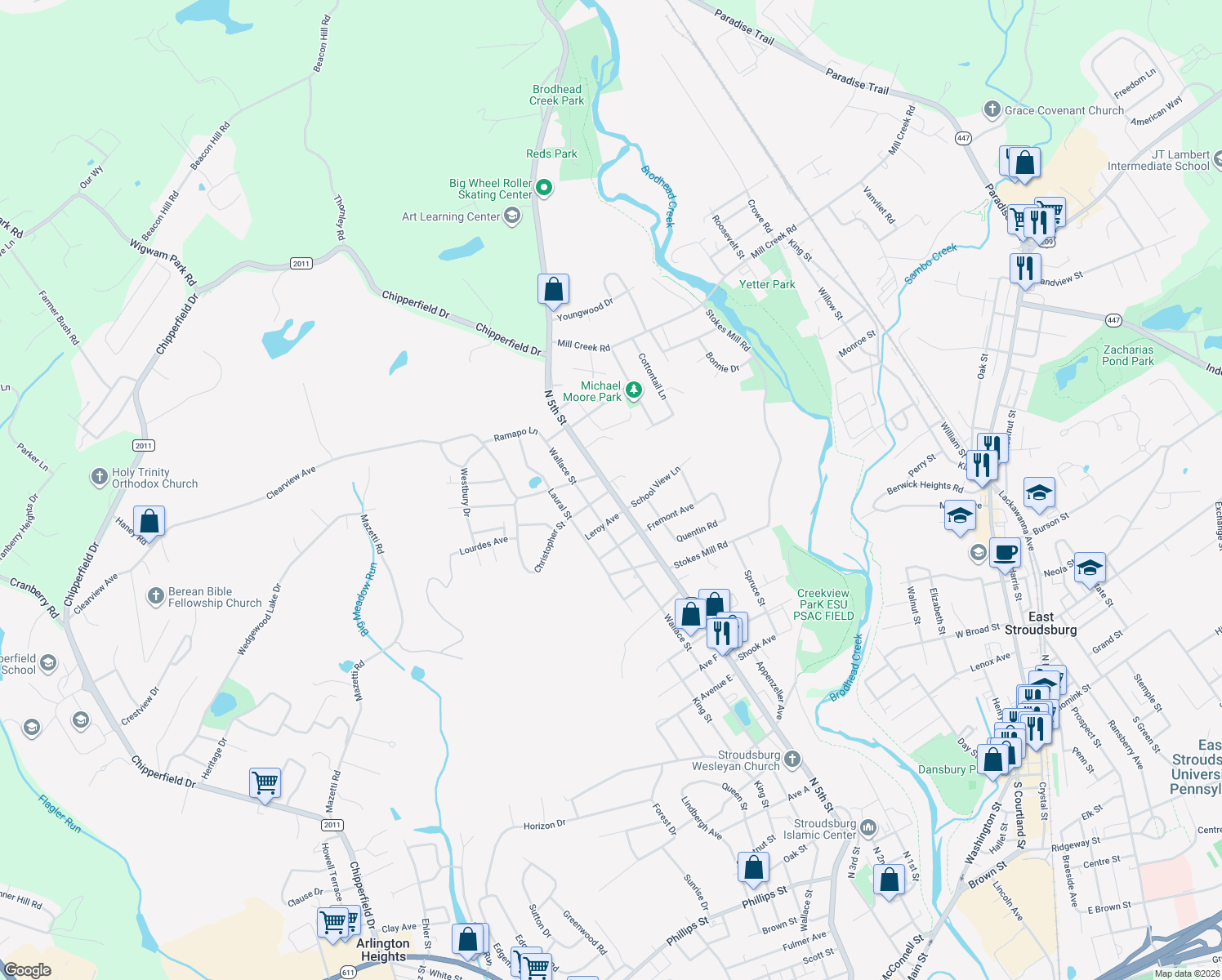 map of restaurants, bars, coffee shops, grocery stores, and more near 2034 N 5th St in Stroudsburg