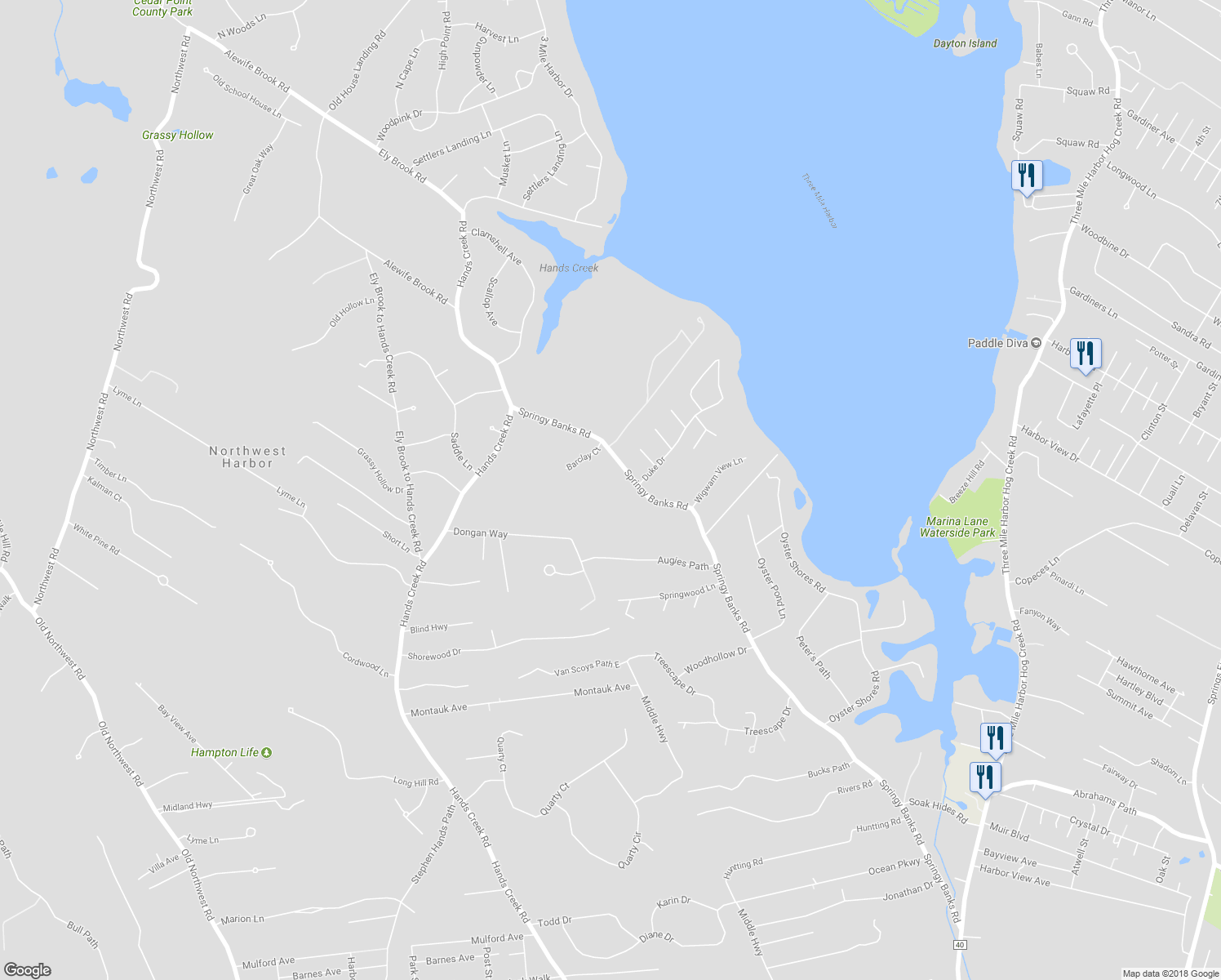 map of restaurants, bars, coffee shops, grocery stores, and more near 165 Springy Banks Road in East Hampton
