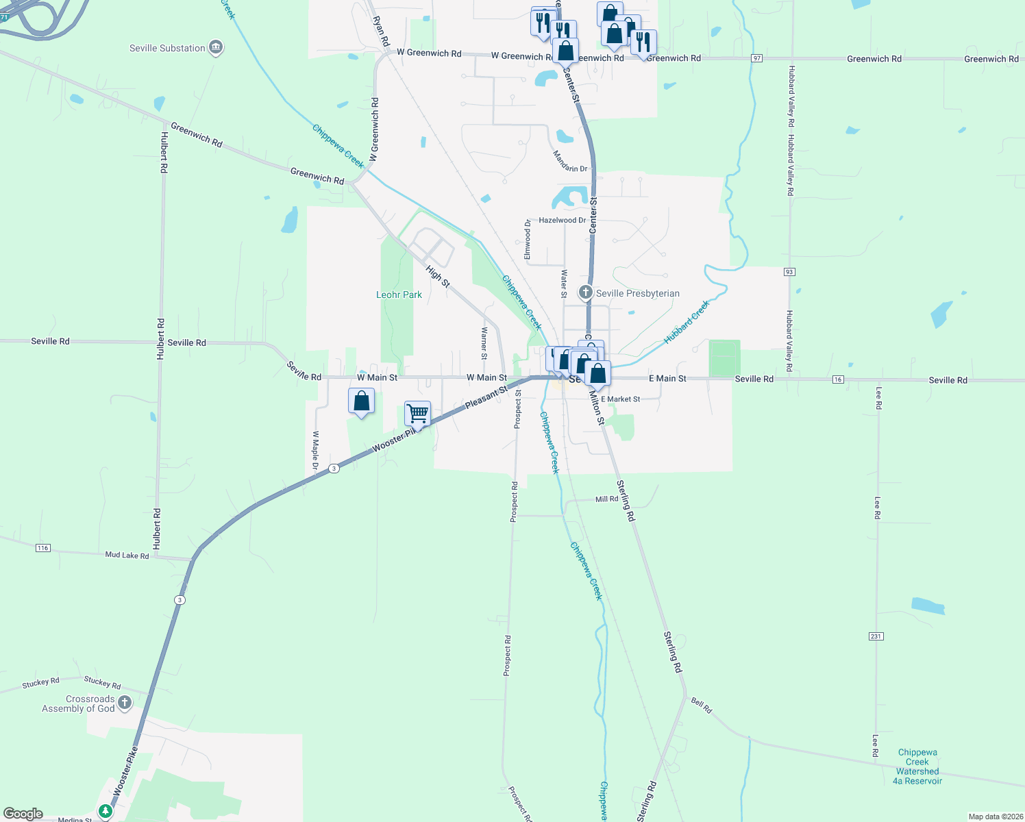 map of restaurants, bars, coffee shops, grocery stores, and more near 14 Prospect Street in Seville