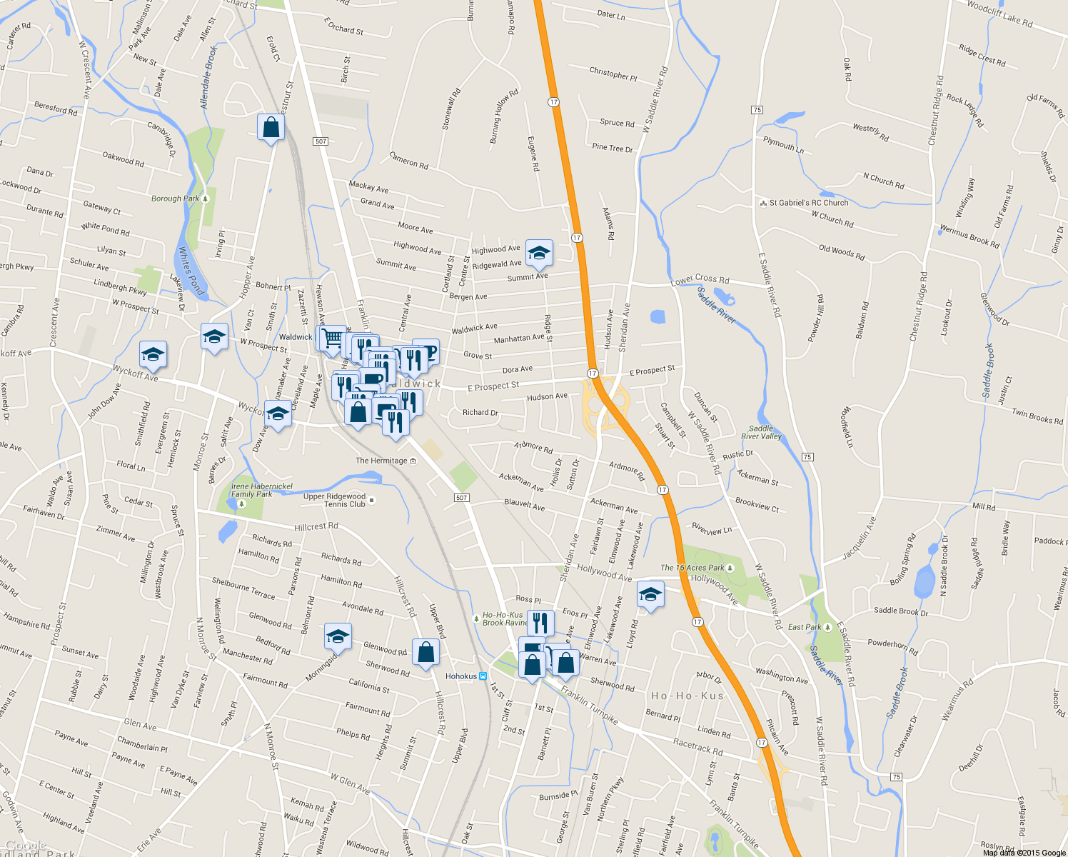 map of restaurants, bars, coffee shops, grocery stores, and more near 66 Donald Place in Waldwick