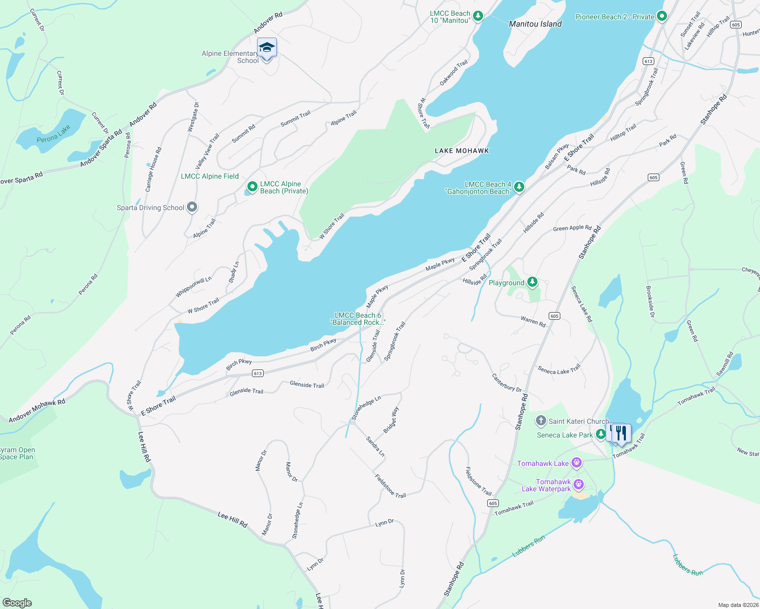 map of restaurants, bars, coffee shops, grocery stores, and more near 378 East Shore Trail in Sparta