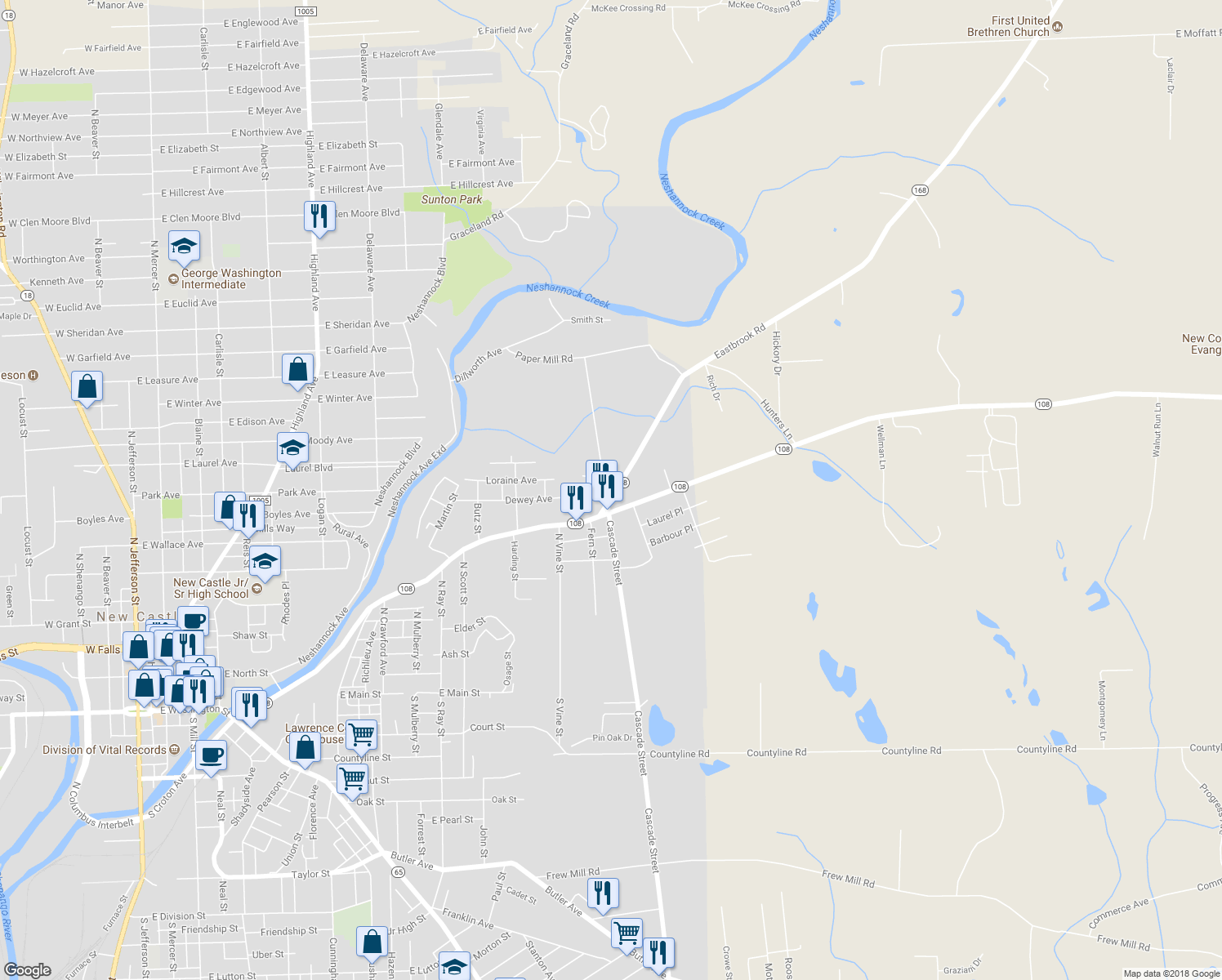 map of restaurants, bars, coffee shops, grocery stores, and more near 1207 Eastbrook Road in New Castle